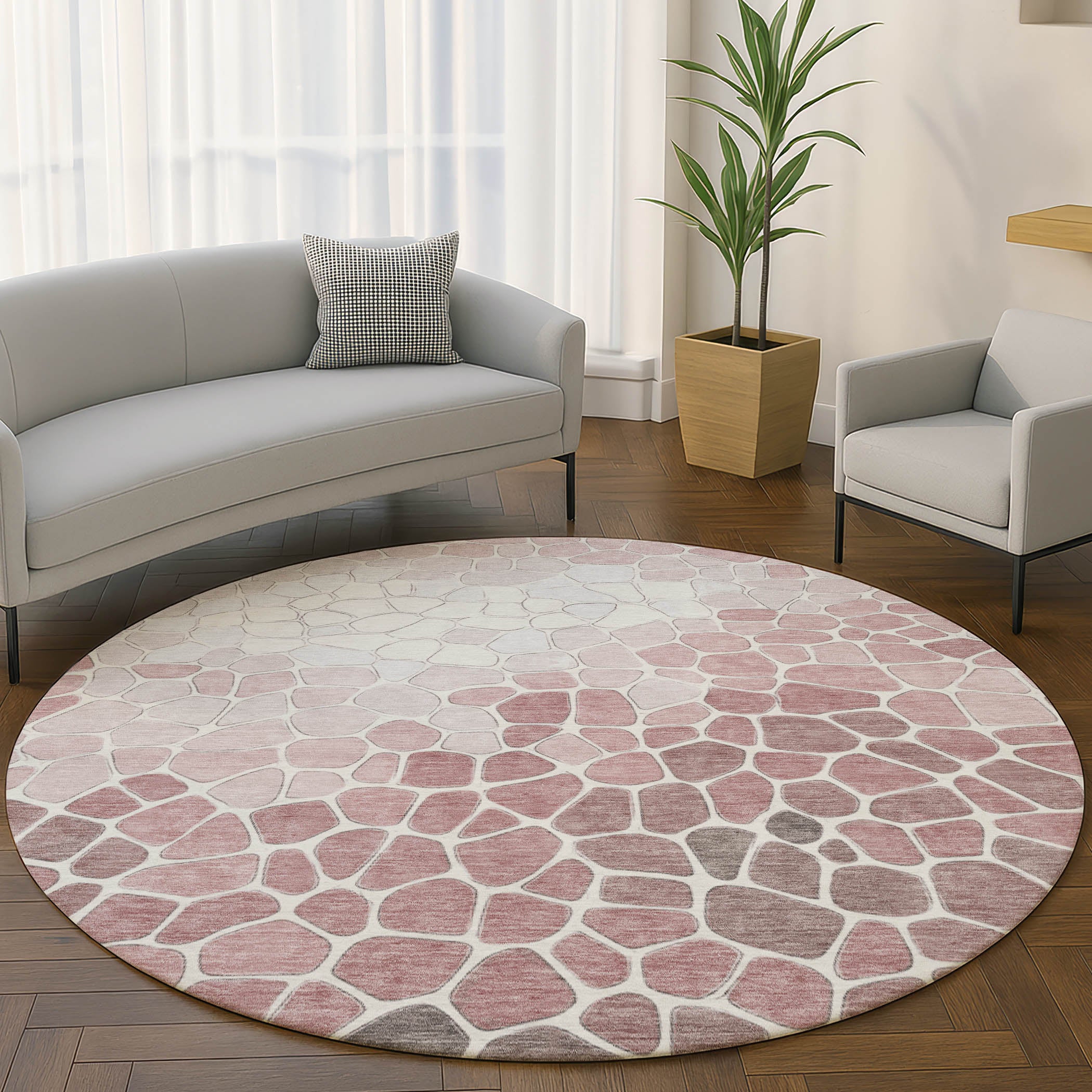 Ghent Machine Washable Transitional Blush Pink Rug 8' x 8' #shape_Round