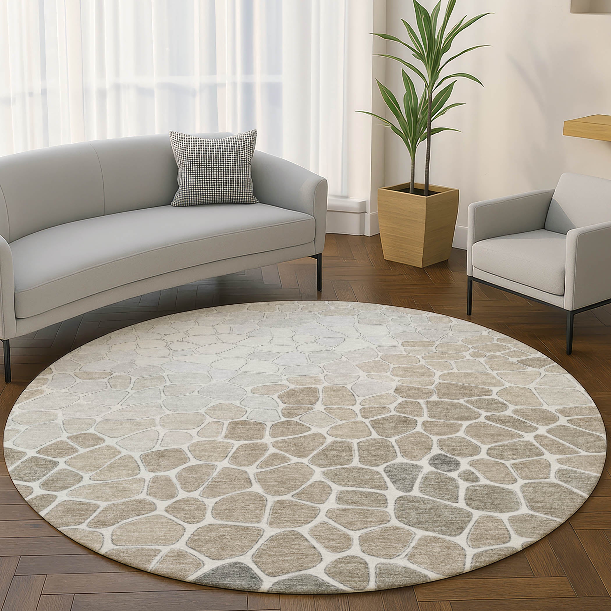 Ghent Machine Washable Transitional Taupe Brown Rug 8' x 8' #shape_Round