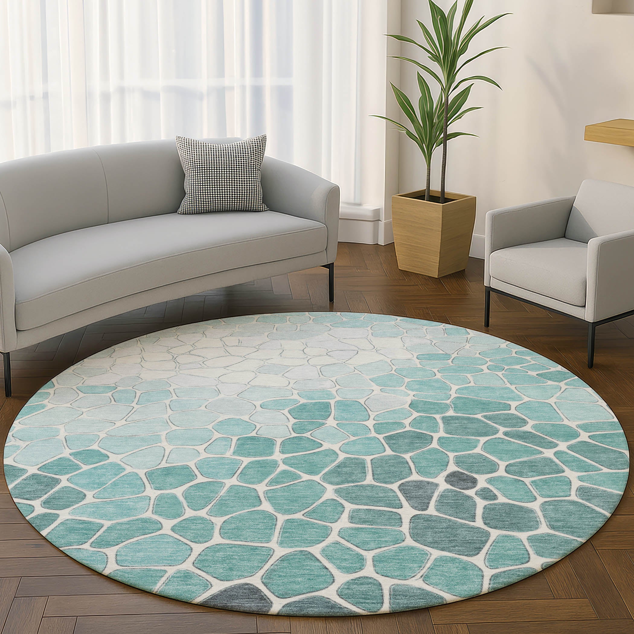 Ghent Machine Washable Transitional Teal Rug 8' x 8' #shape_Round