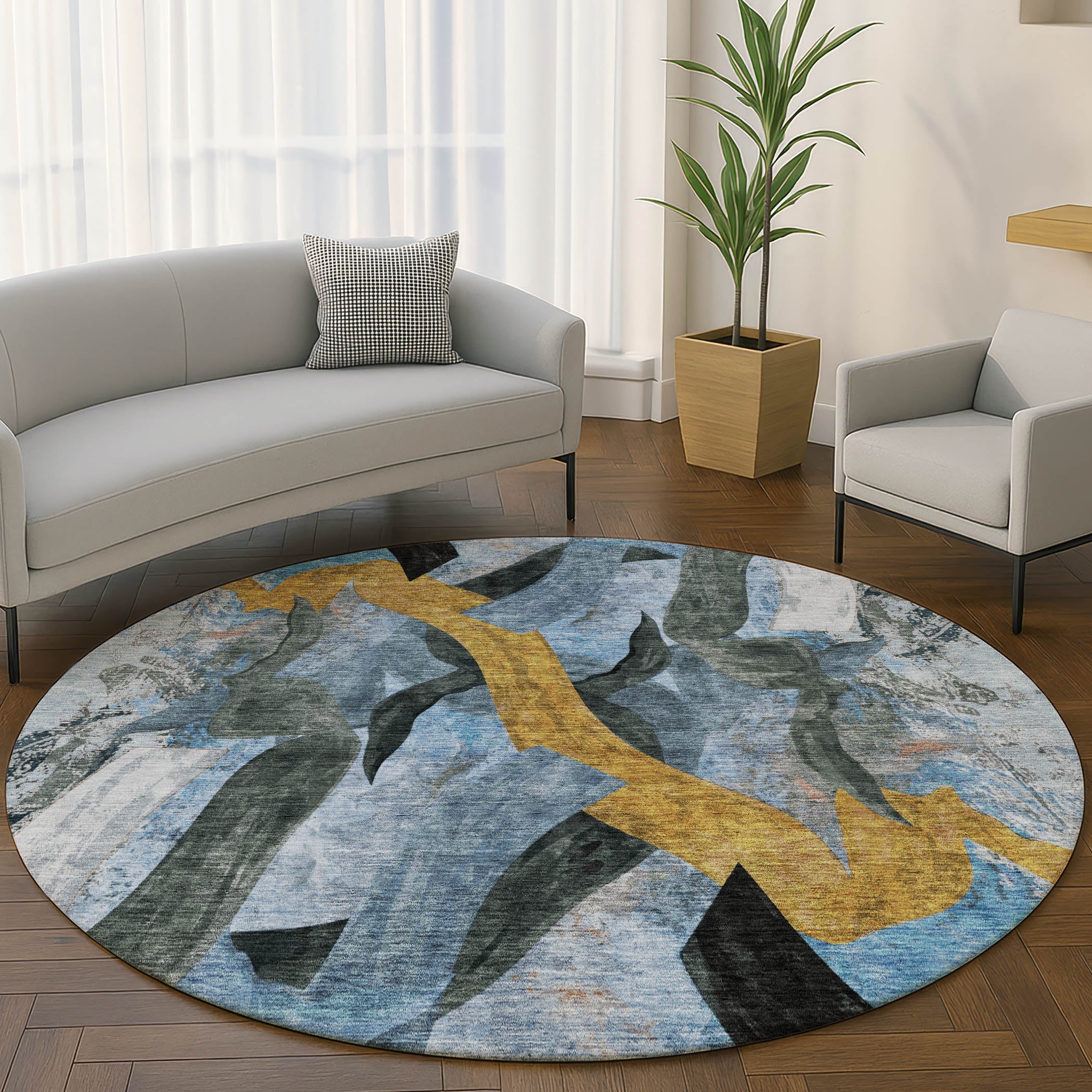 Athens Machine Washable Transitional Denim Blue Rug 8' x 8' #shape_Round