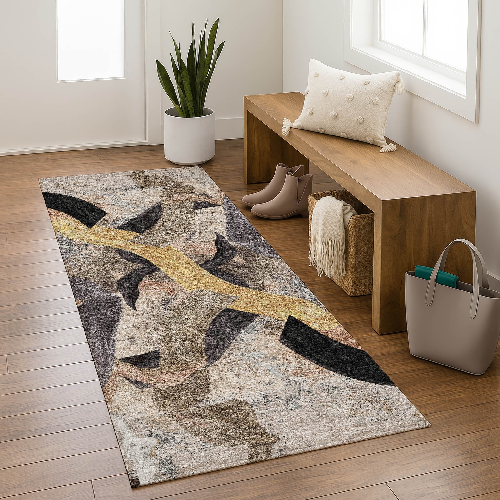 Athens Machine Washable Transitional Taupe Brown Rug 2'3" x 7'6" #shape_Runner