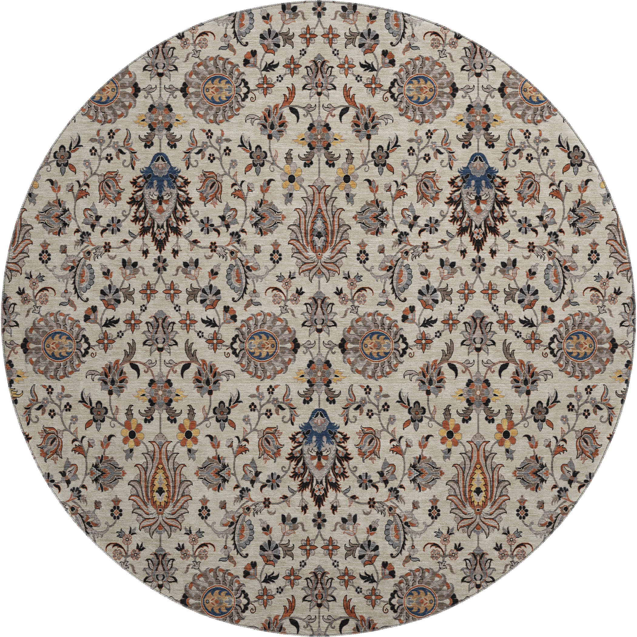 Hoi An Machine Washable Traditional Beige Brown Rug 8' x 8' #shape_Round