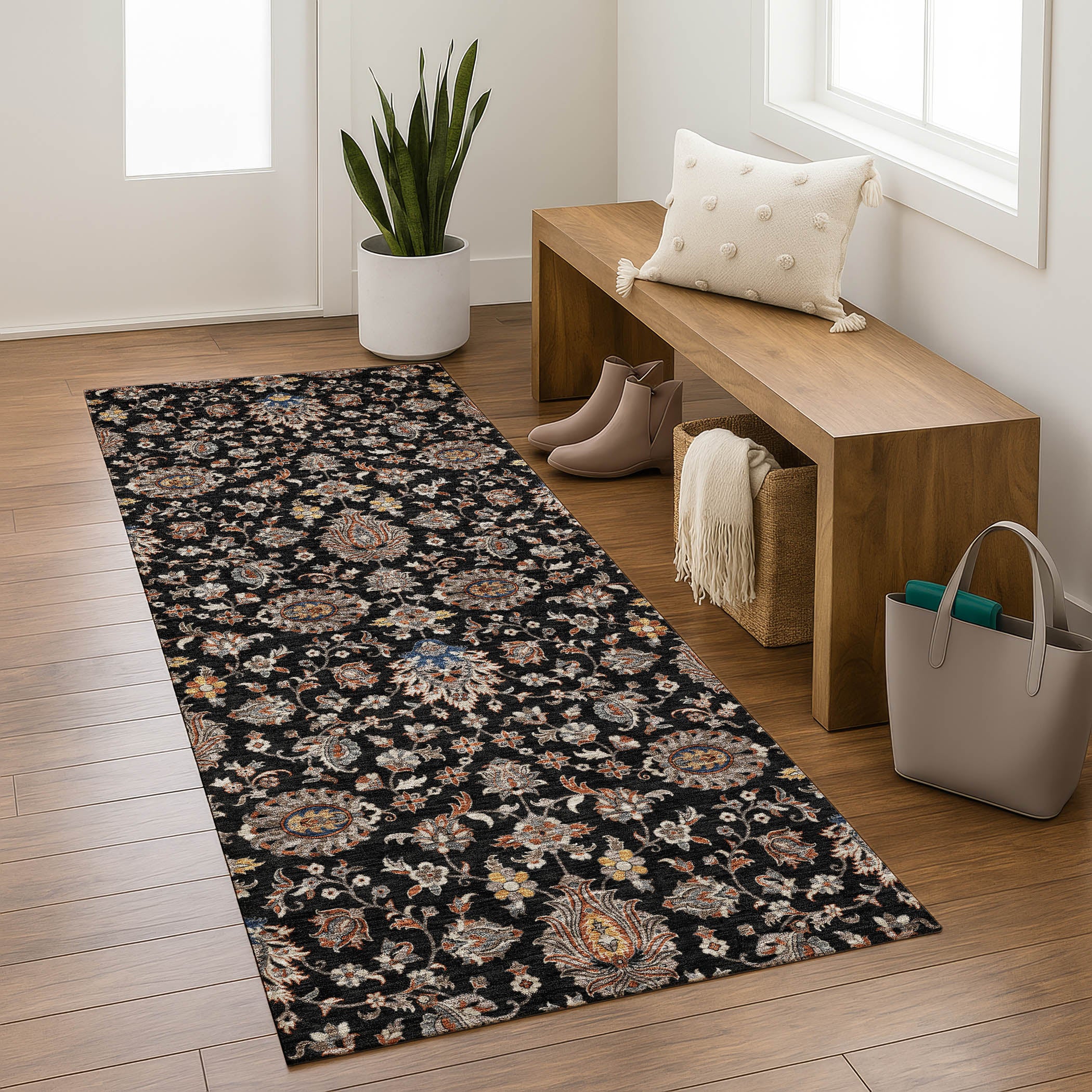 Hoi An Machine Washable Traditional Black Rug 2'3" x 7'6" #shape_Runner