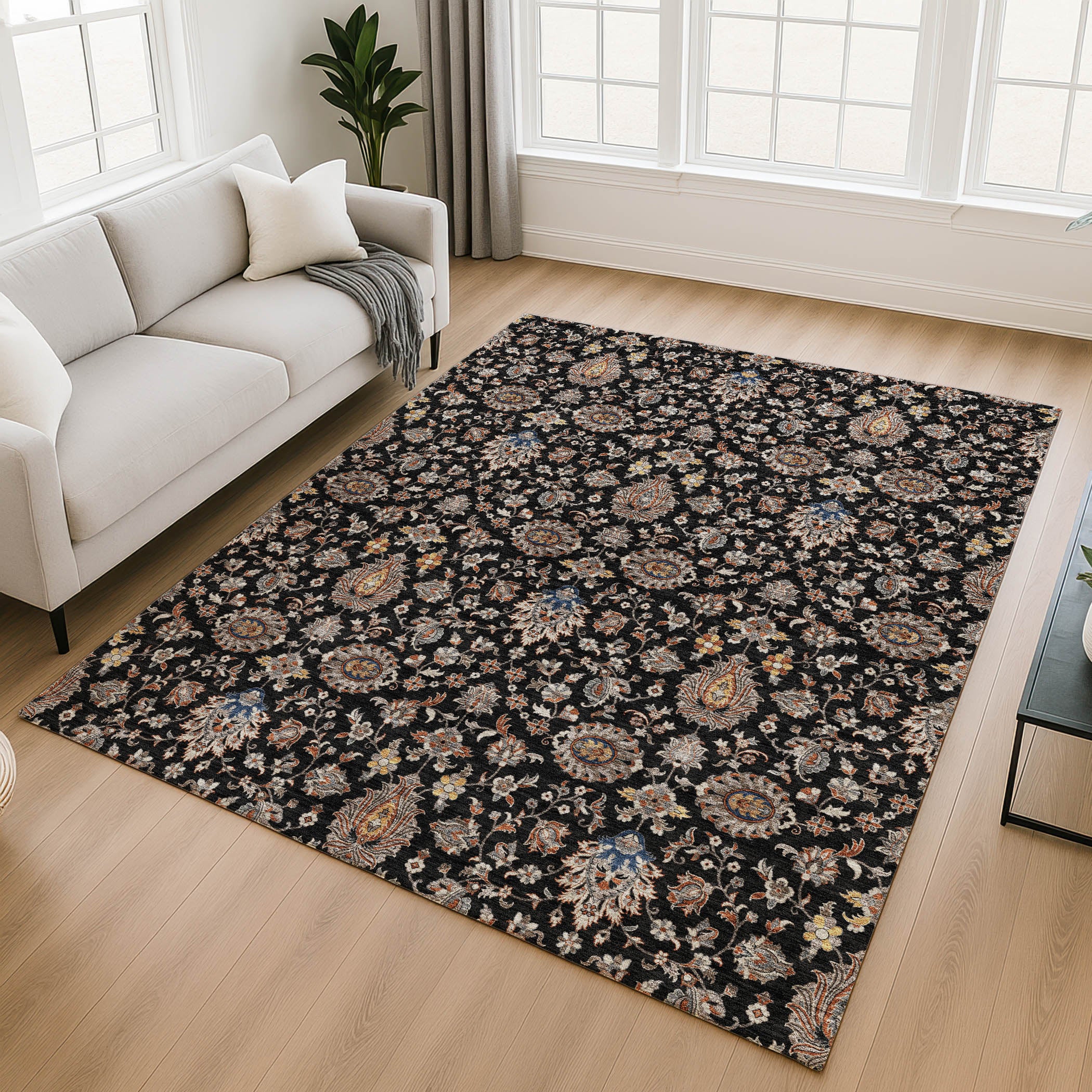 Hoi An Machine Washable Traditional Black Rug 2'6" x 3'10" #shape_Rectangle