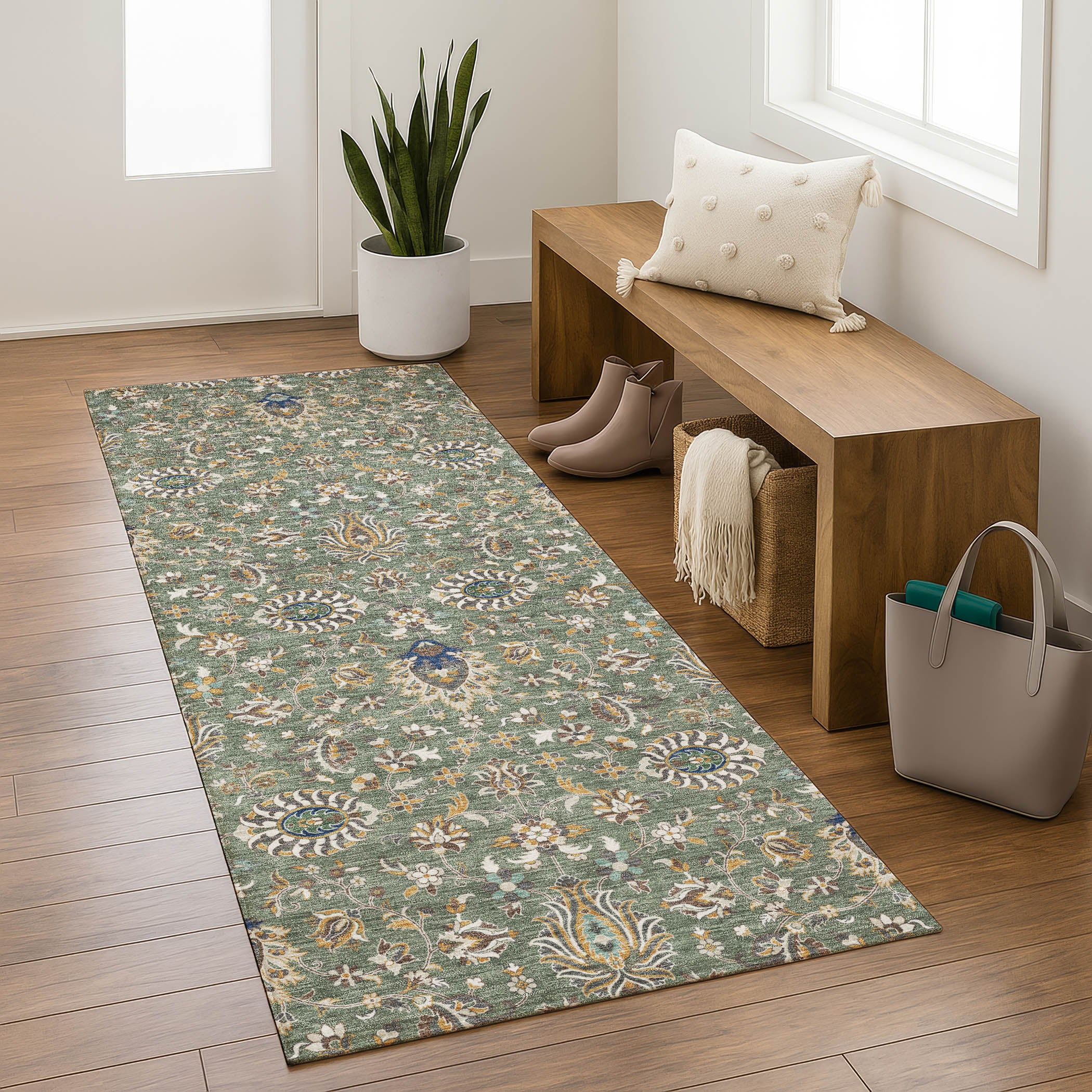 Hoi An Machine Washable Traditional Green Rug 2'3" x 7'6" #shape_Runner