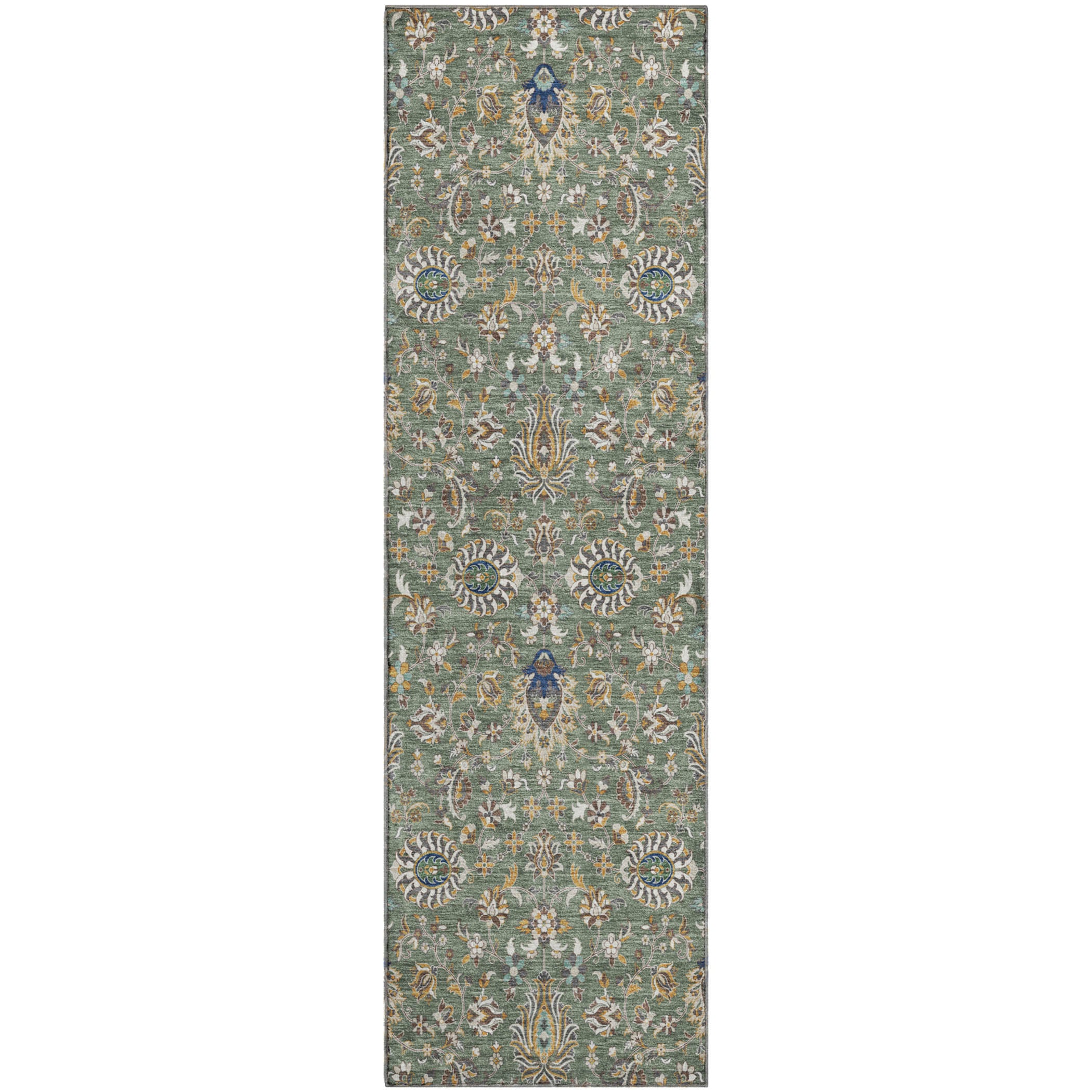 Hoi An Machine Washable Traditional Green Rug 2'3" x 7'6" #shape_Runner