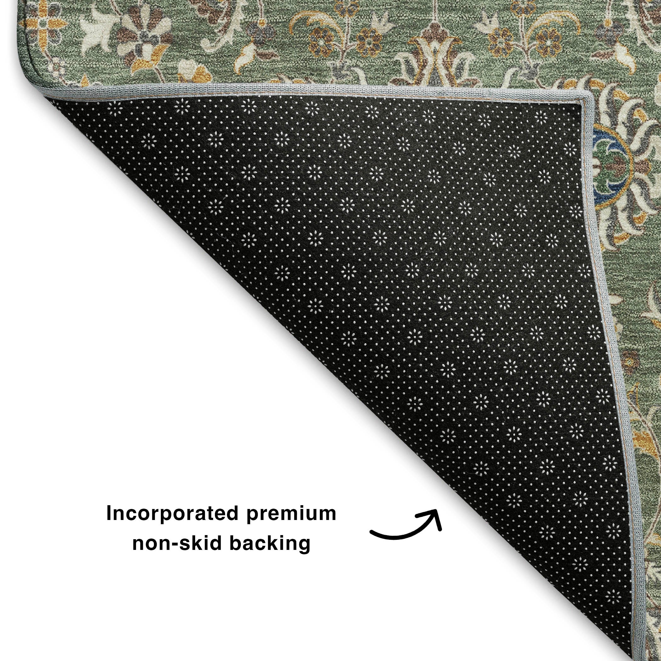 Hoi An Machine Washable Traditional Green Rug 1'8" x 2'6" #shape_Rectangle
