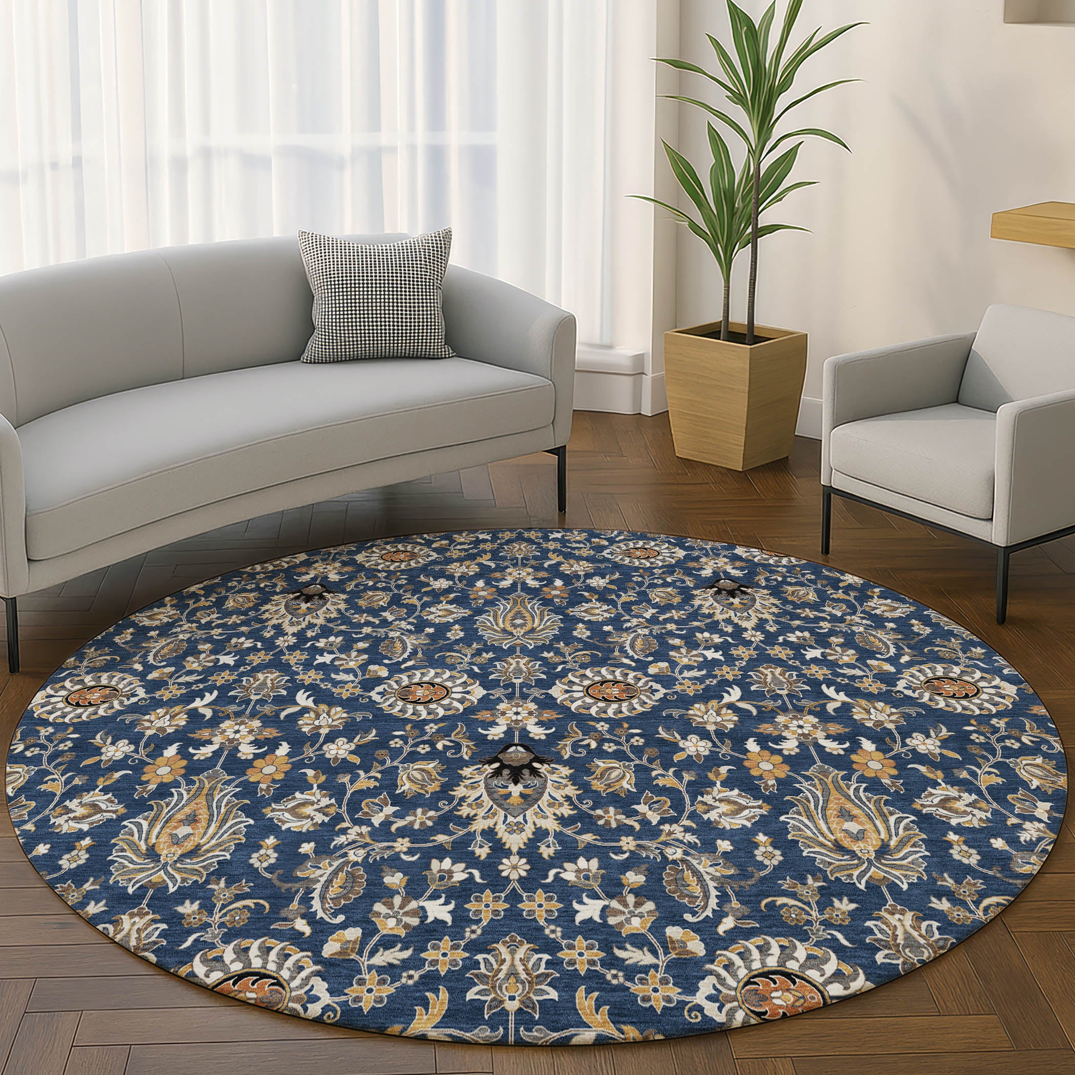 Hoi An Machine Washable Traditional Navy Blue Rug 8' x 8' #shape_Round