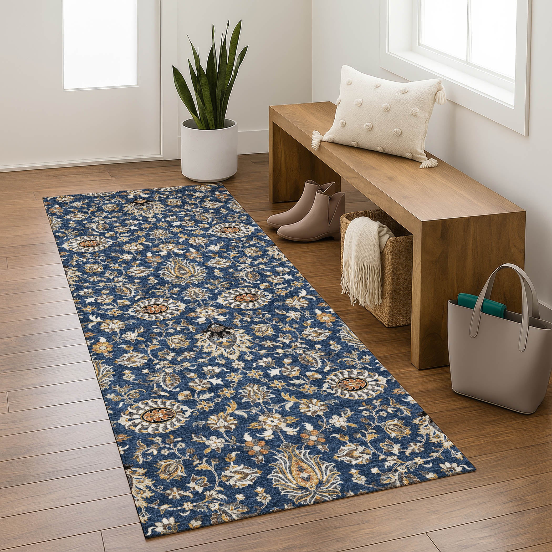 Hoi An Machine Washable Traditional Navy Blue Rug 2'3" x 7'6" #shape_Runner