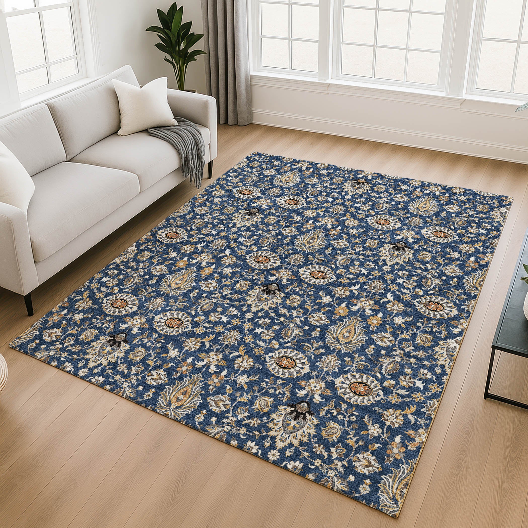 Hoi An Machine Washable Traditional Navy Blue Rug 2'6" x 3'10" #shape_Rectangle