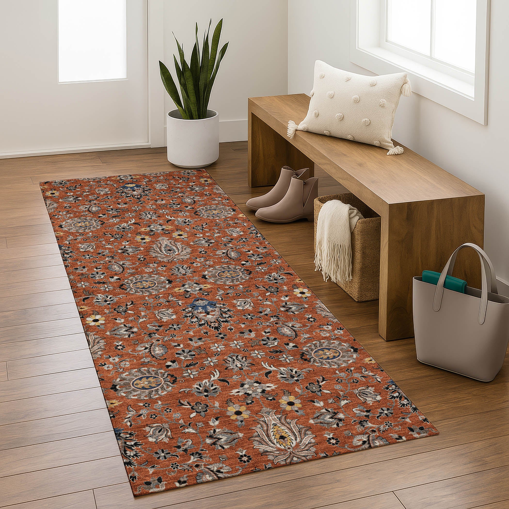 Hoi An Machine Washable Traditional Paprika Orange Rug 2'3" x 7'6" #shape_Runner