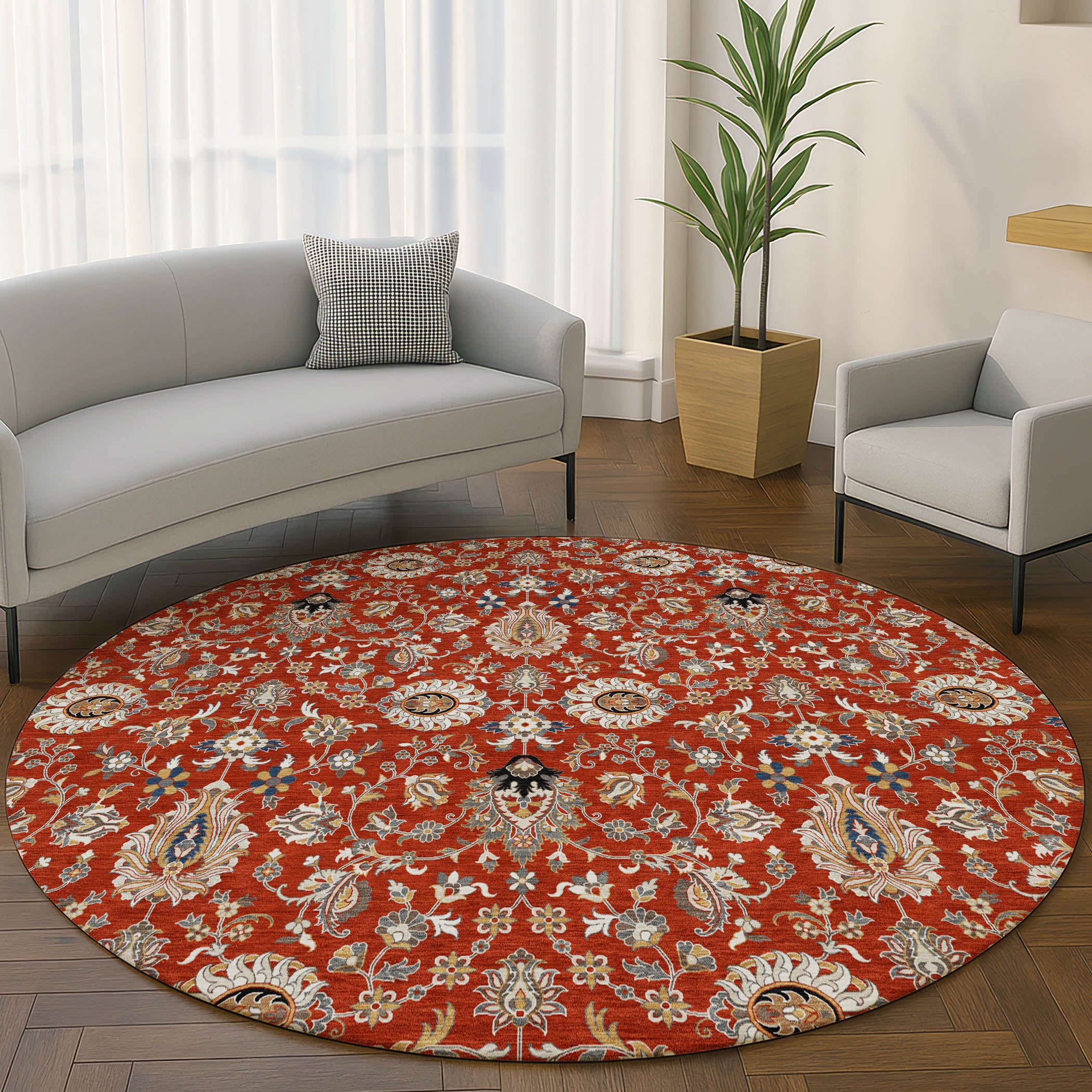 Hoi An Machine Washable Traditional Red Rug 8' x 8' #shape_Round