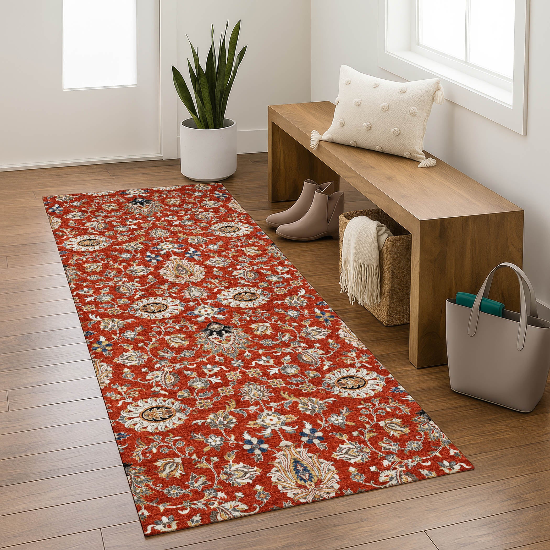 Hoi An Machine Washable Traditional Red Rug 2'3" x 7'6" #shape_Runner