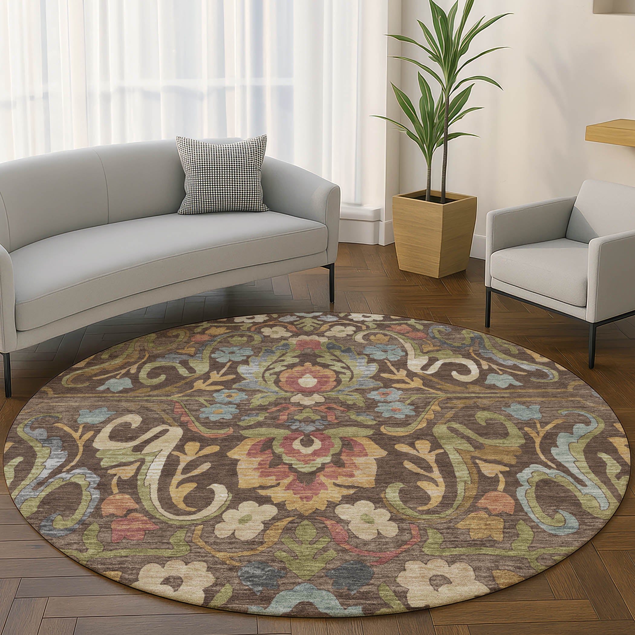 Nairobi Machine Washable Transitional Chocolate Brown Rug 8' x 8' #shape_Round