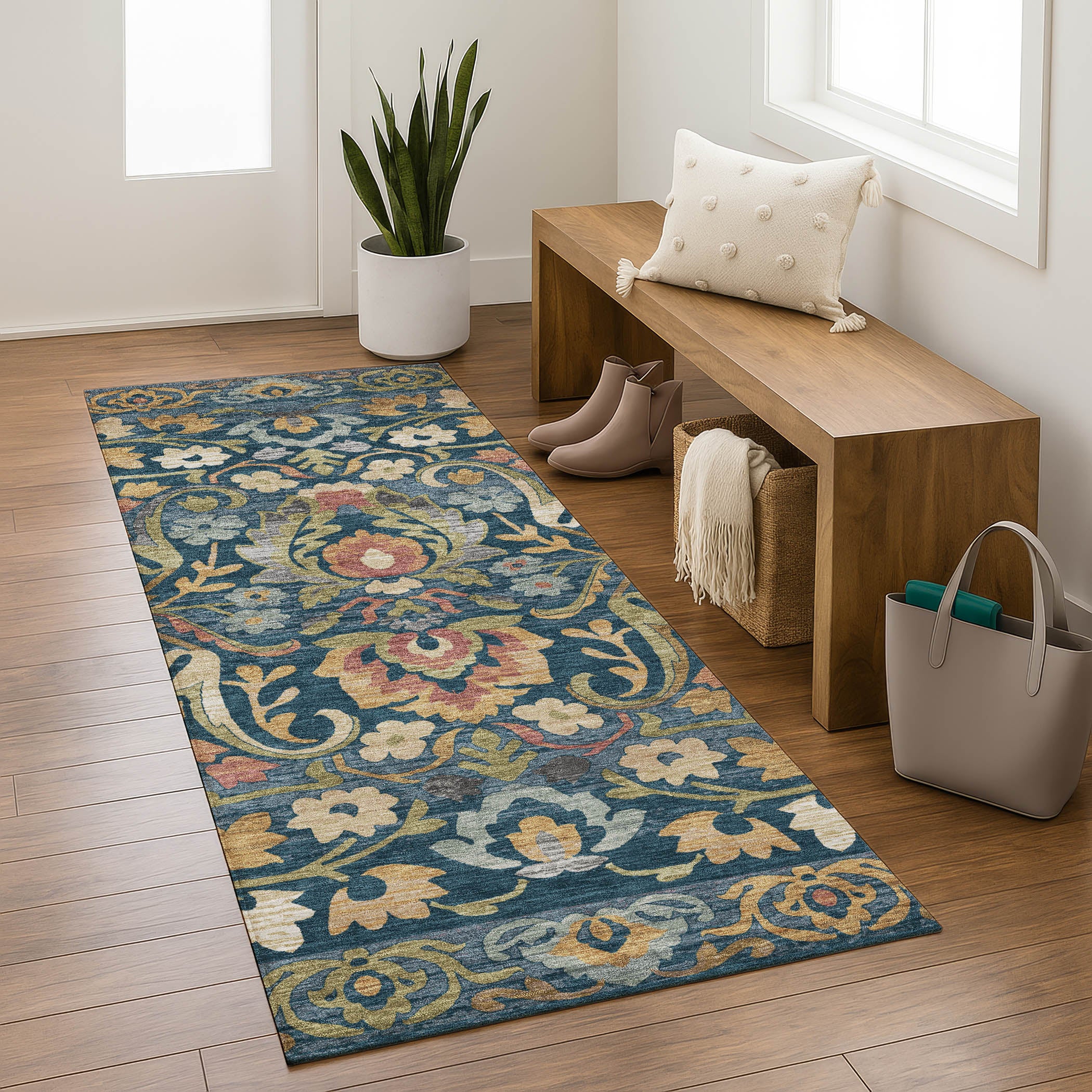 Nairobi Machine Washable Transitional Navy Blue Rug 2'3" x 7'6" #shape_Runner