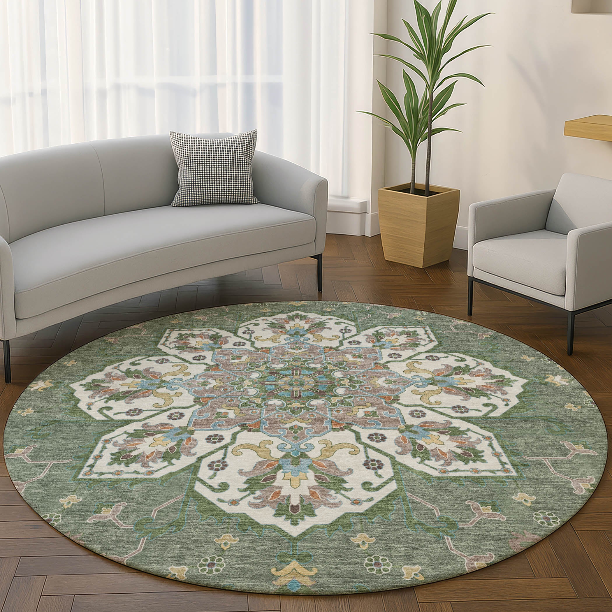 Budapest Machine Washable Traditional Green Rug 8' x 8' #shape_Round