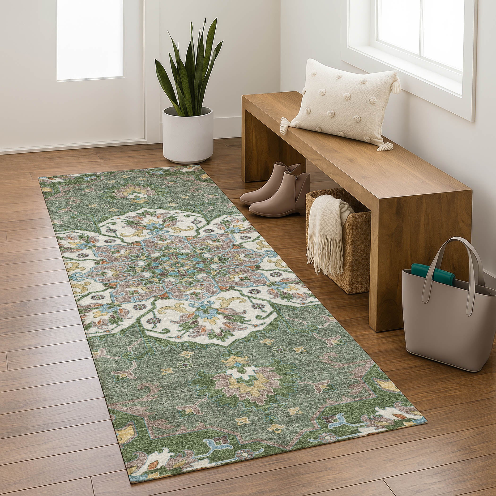 Budapest Machine Washable Traditional Green Rug 2'3" x 7'6" #shape_Runner