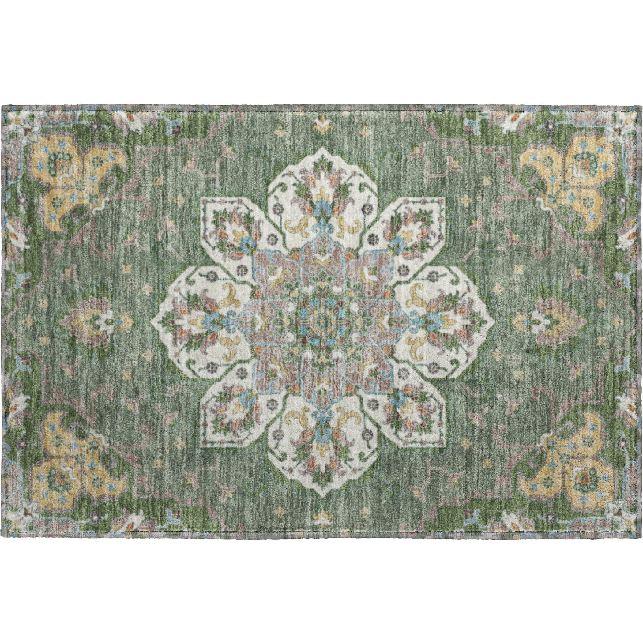 Budapest Machine Washable Traditional Green Rug 1'8" x 2'6" #shape_Rectangle