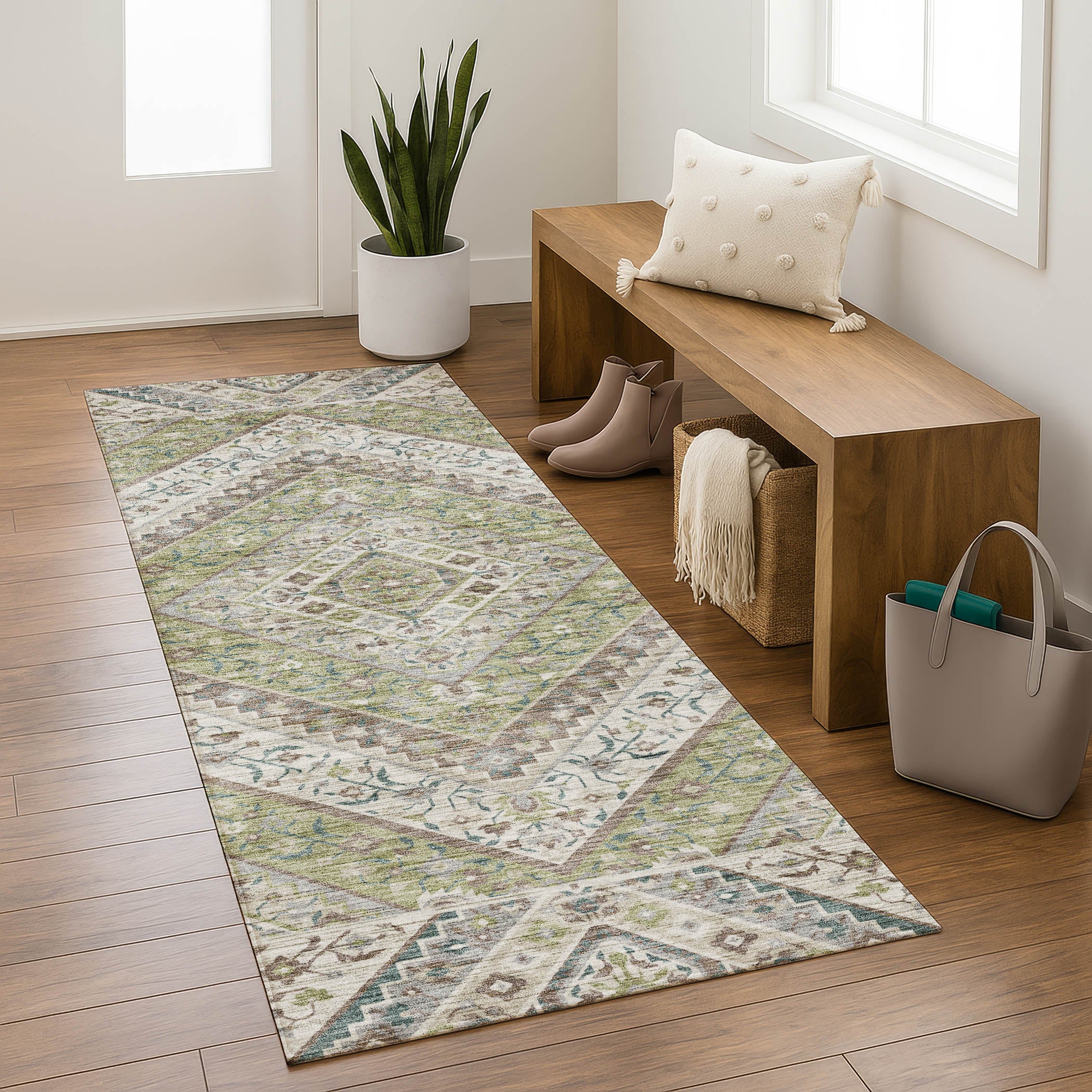 Cusco Machine Washable Transitional Aloe Green Rug 2'3" x 7'6" #shape_Runner