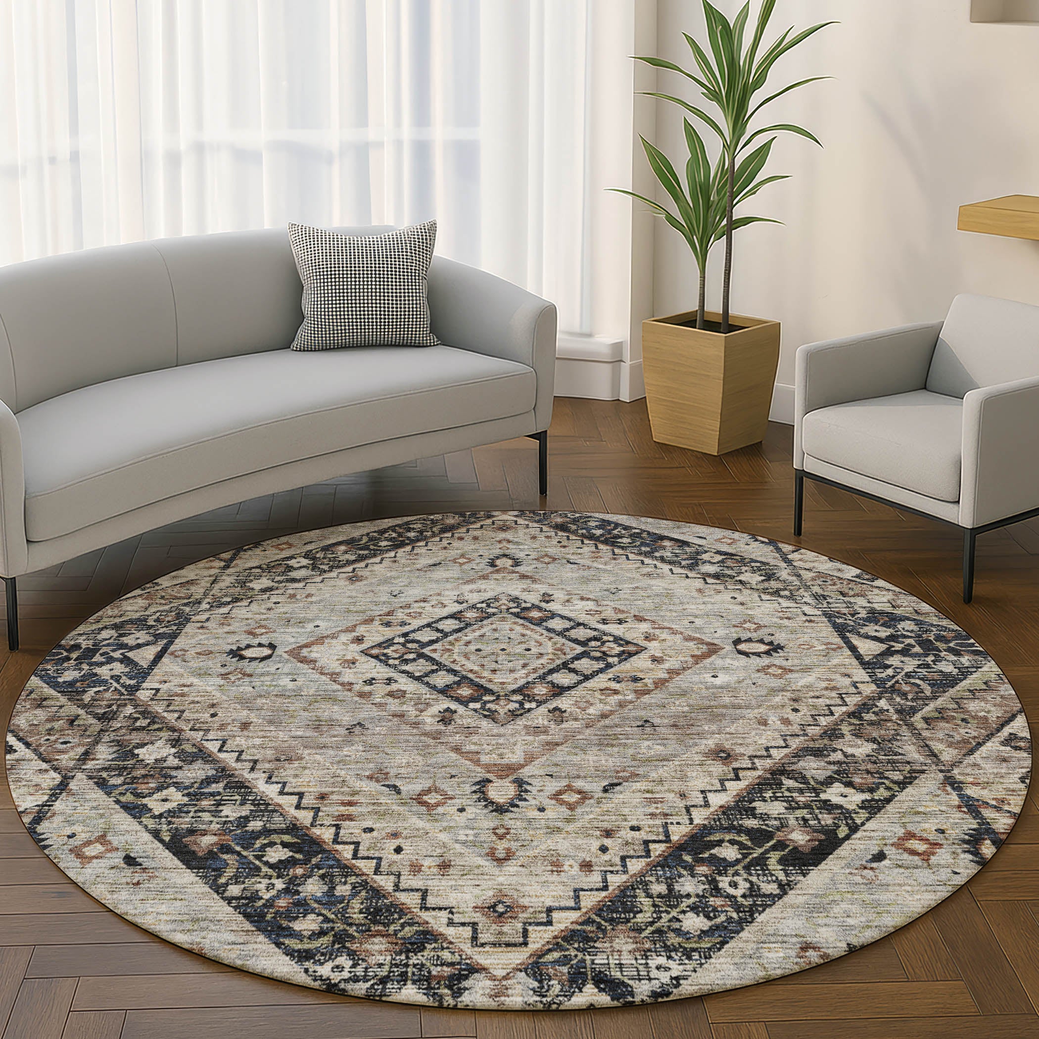 Cusco Machine Washable Transitional Black Rug 8' x 8' #shape_Round