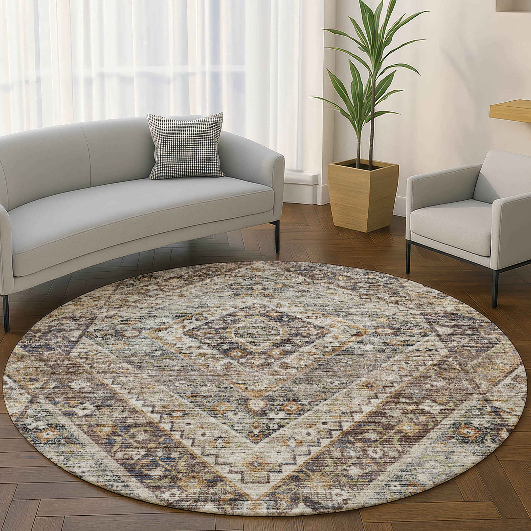 Cusco Machine Washable Transitional Brown Rug 8' x 8' #shape_Round
