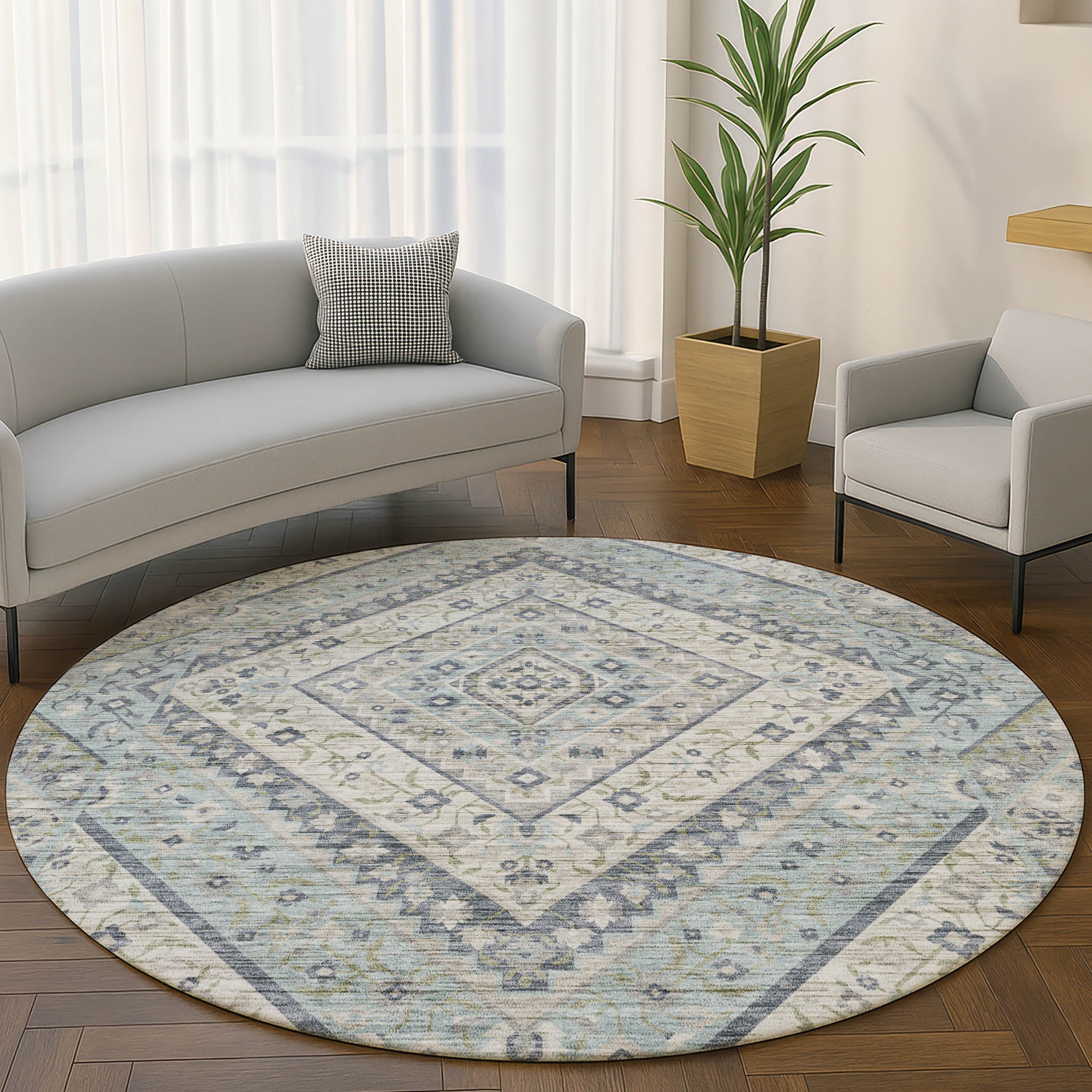 Cusco Machine Washable Transitional Sky Blue Rug 8' x 8' #shape_Round