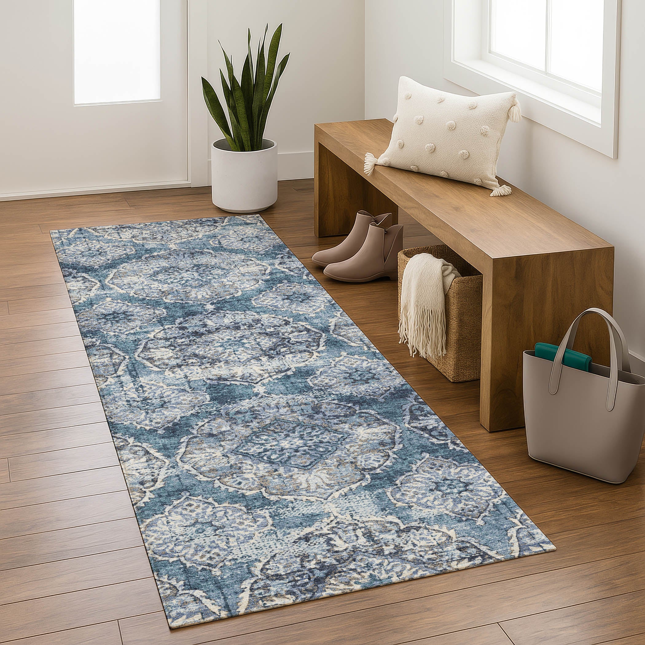 Montevideo Machine Washable Transitional Denim Blue Rug 2'3" x 7'6" #shape_Runner