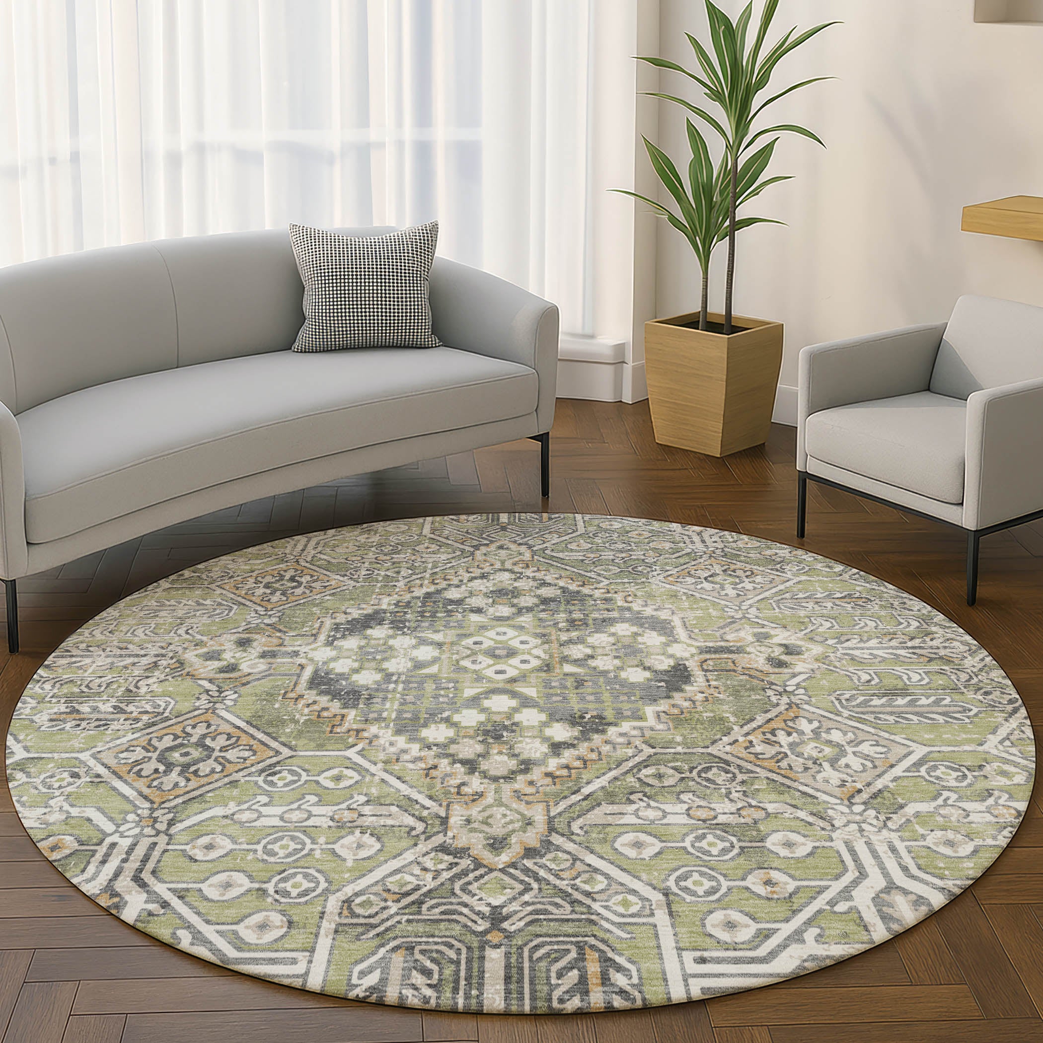 Luang Prabang Machine Washable Traditional Aloe Green Rug 8' x 8' #shape_Round