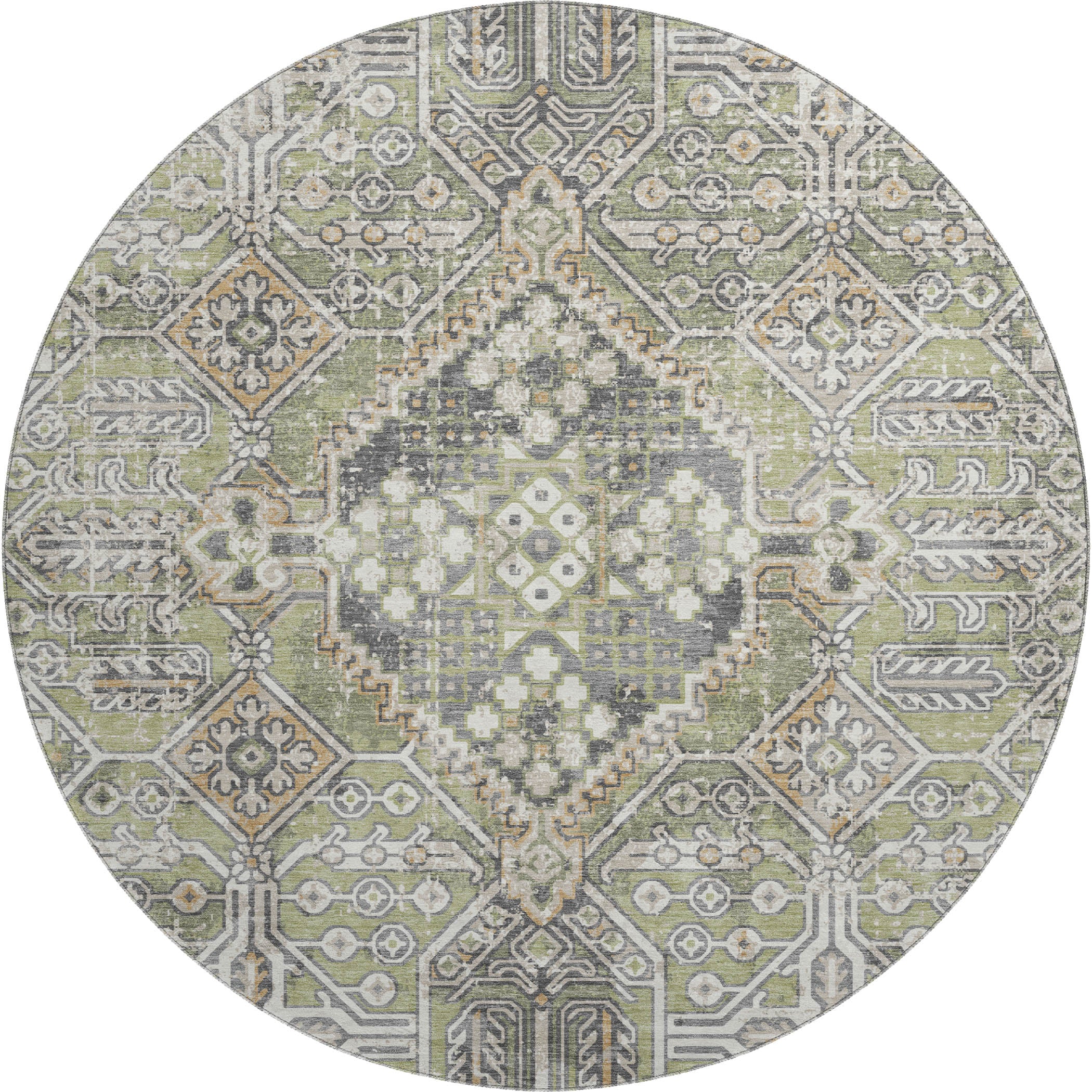 Luang Prabang Machine Washable Traditional Aloe Green Rug 8' x 8' #shape_Round