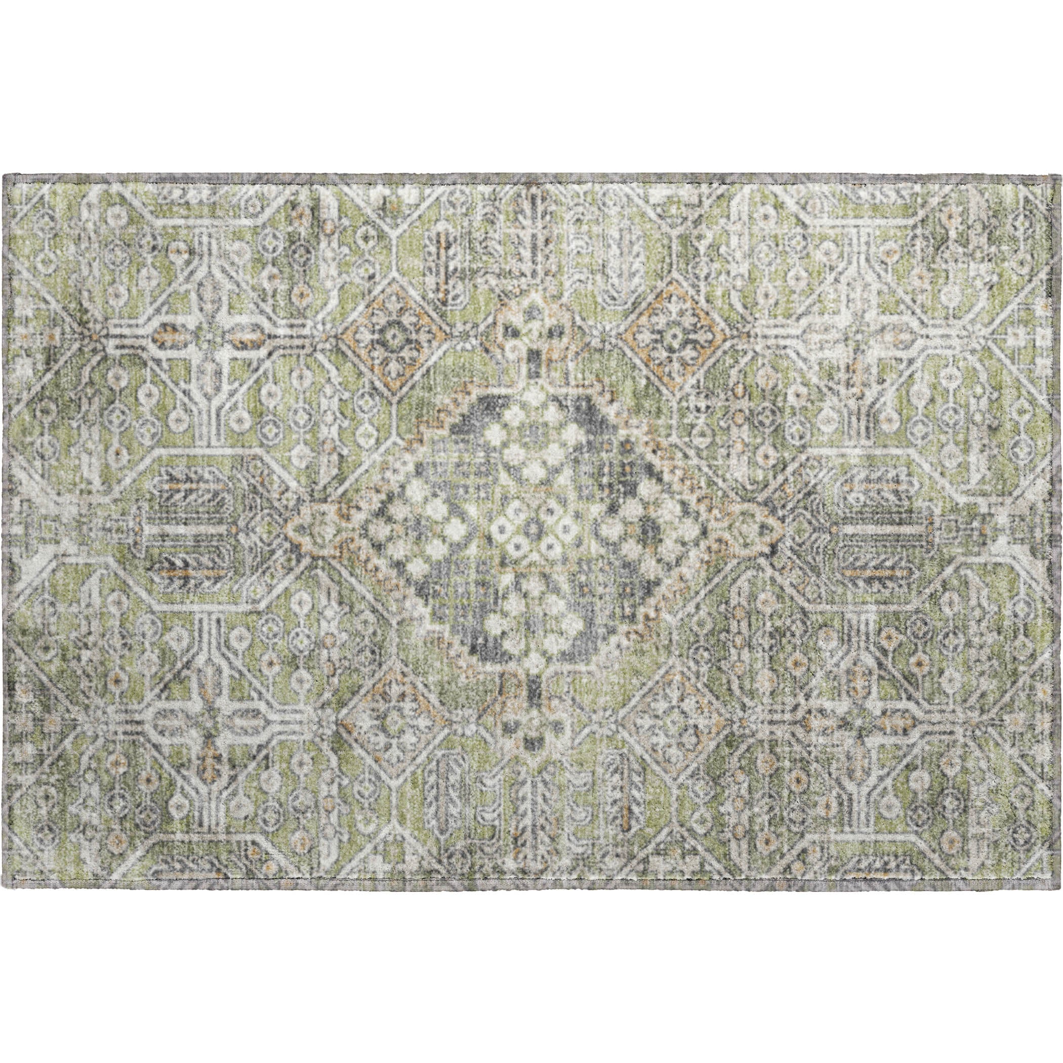 Luang Prabang Machine Washable Traditional Aloe Green Rug 1'8" x 2'6" #shape_Rectangle