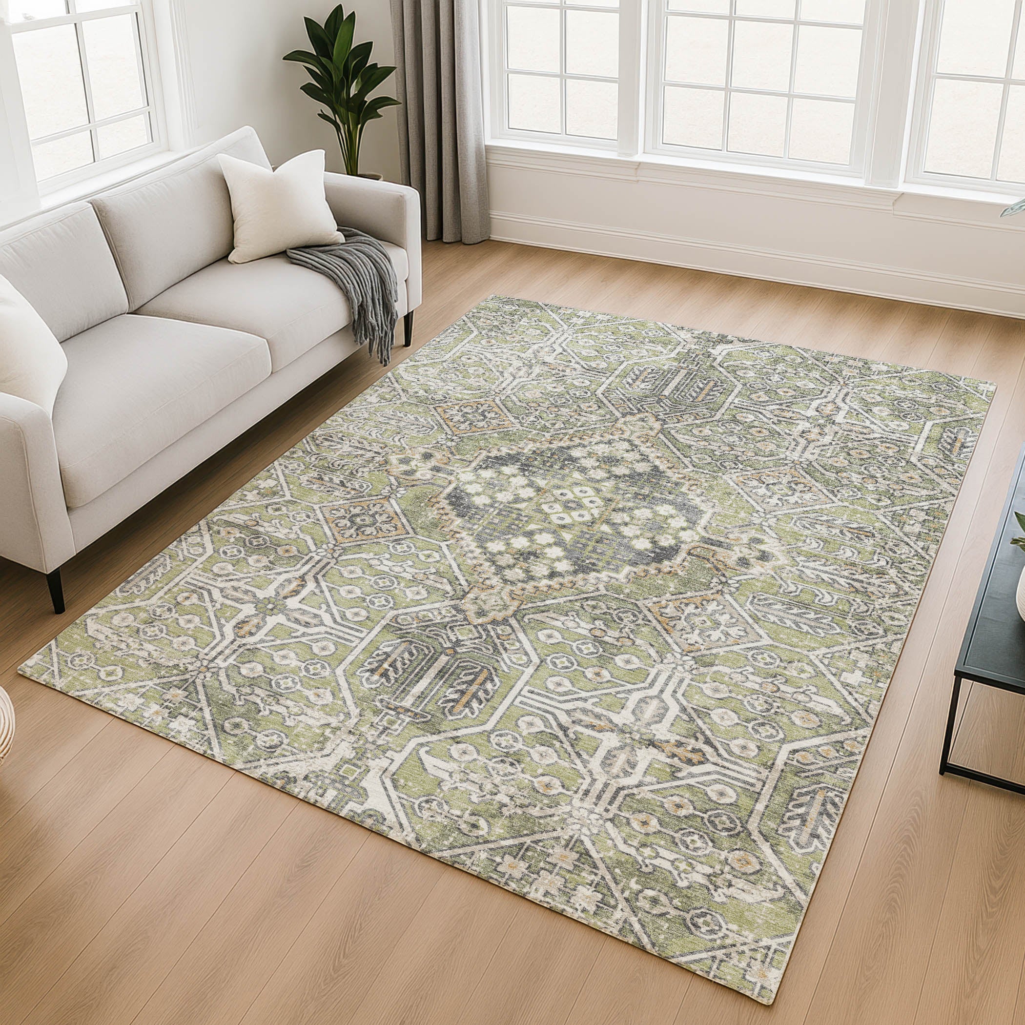 Luang Prabang Machine Washable Traditional Aloe Green Rug 2'6" x 3'10" #shape_Rectangle
