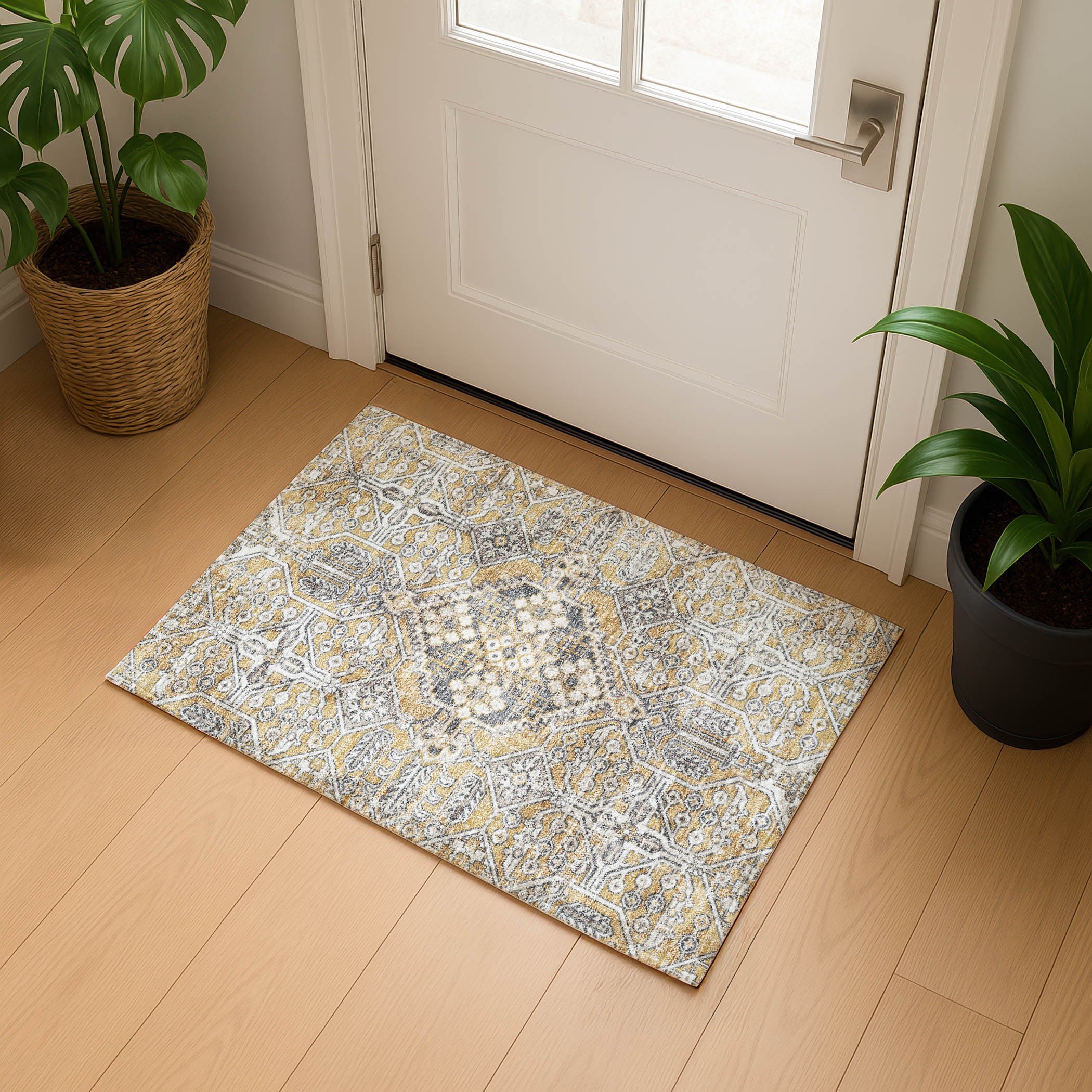 Luang Prabang Machine Washable Traditional Gold Rug 1'8" x 2'6" #shape_Rectangle