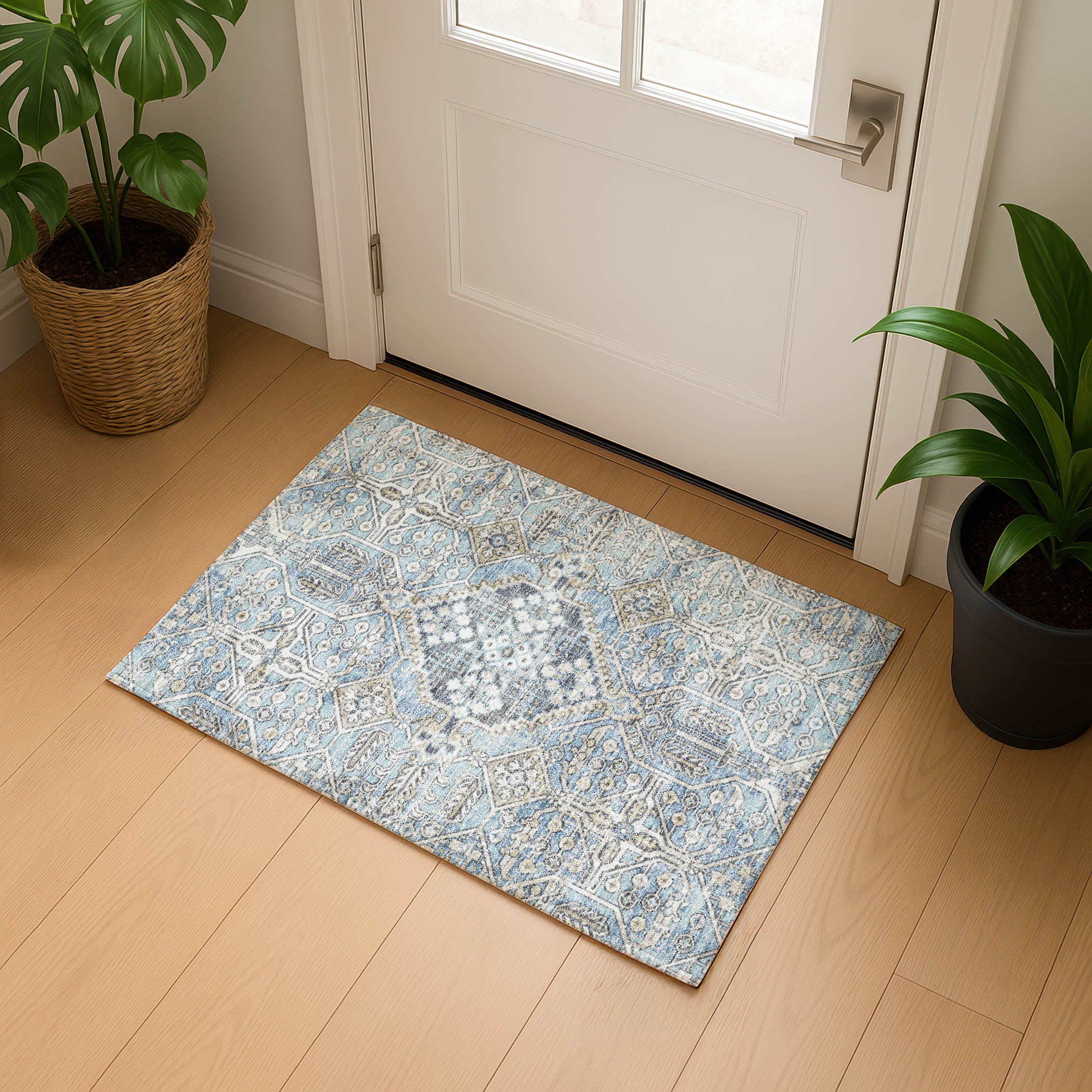 Luang Prabang Machine Washable Traditional Sky Blue Rug 1'8" x 2'6" #shape_Rectangle