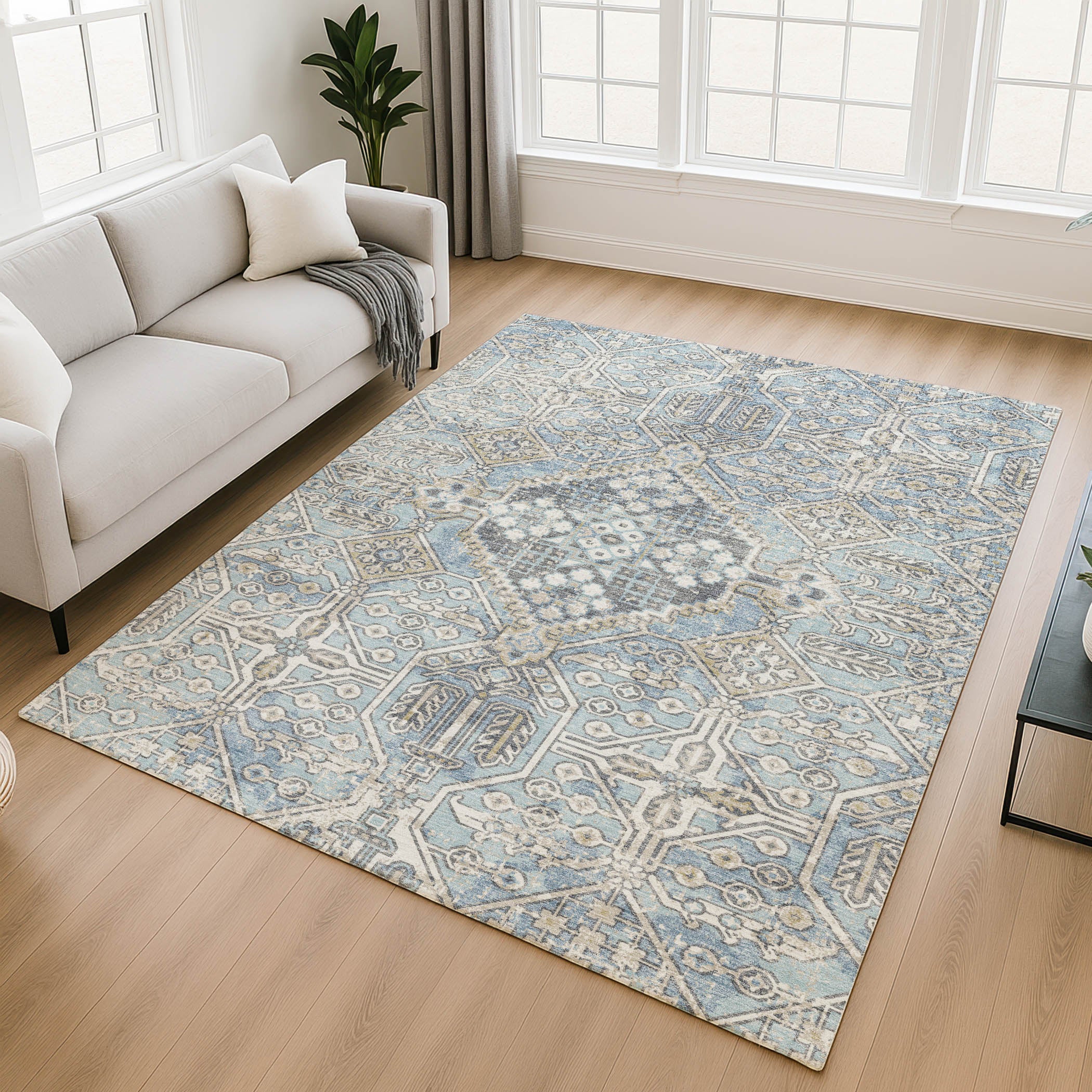 Luang Prabang Machine Washable Traditional Sky Blue Rug 2'6" x 3'10" #shape_Rectangle