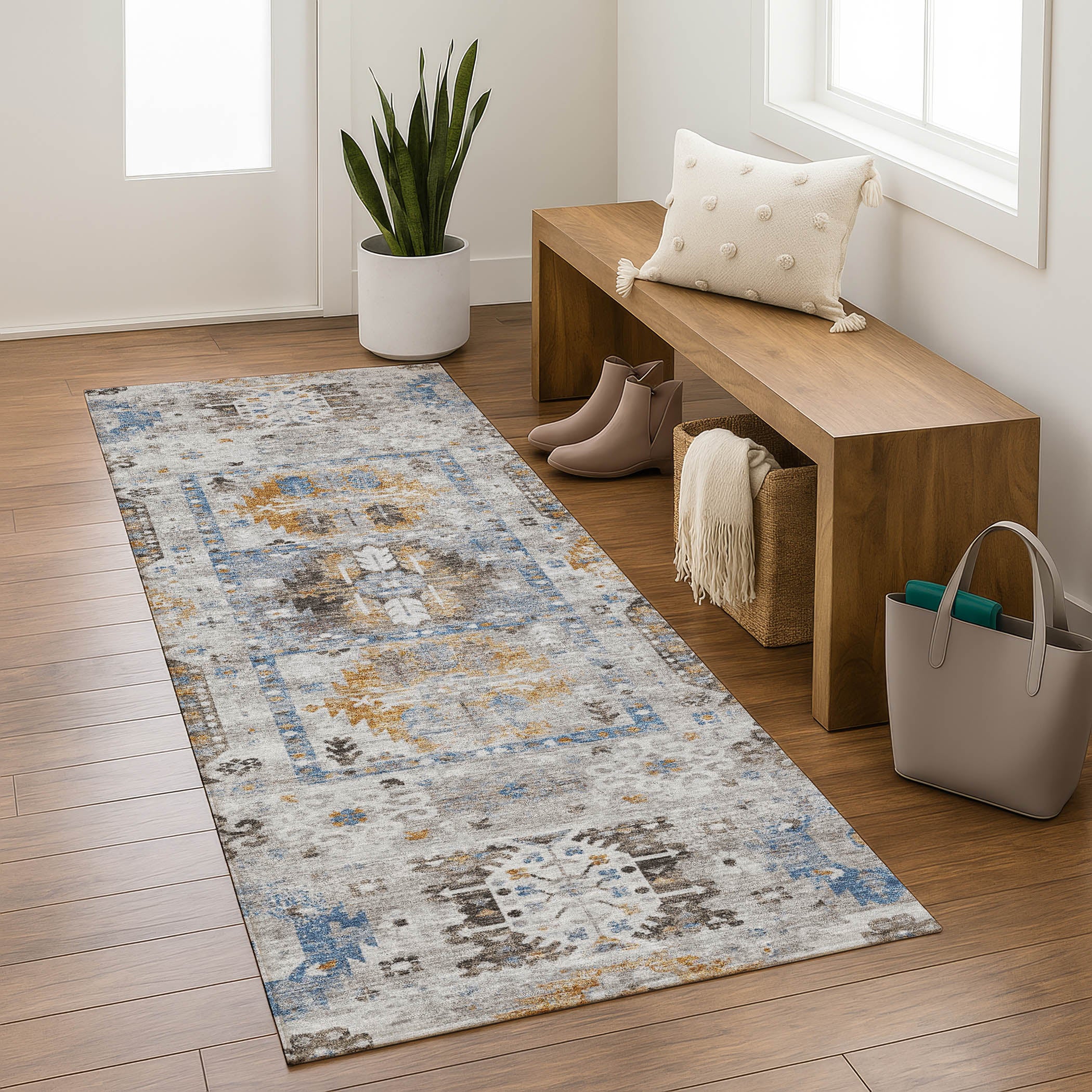 Queenstown Machine Washable Transitional Gray Rug 2'3" x 7'6" #shape_Runner