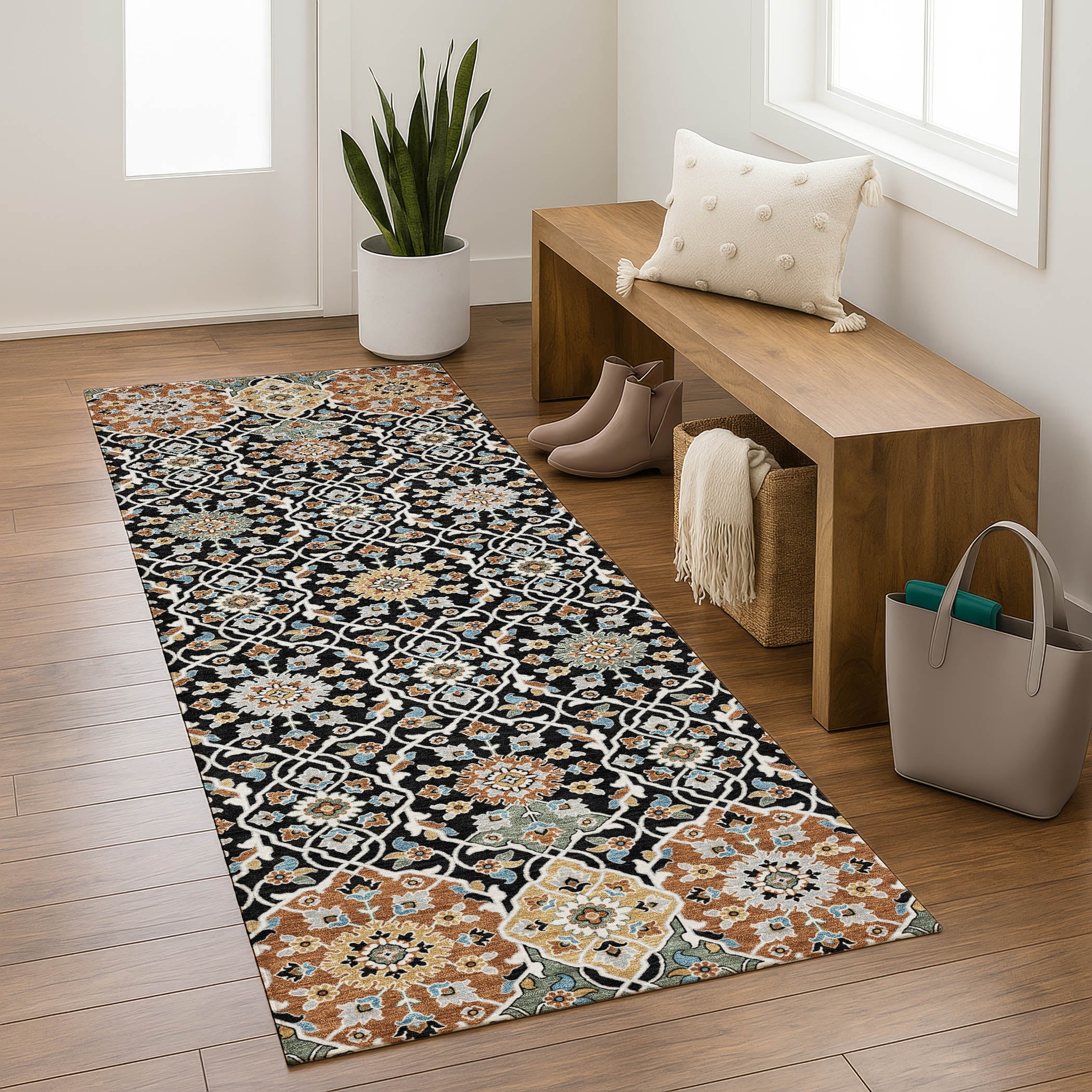 Zanzibar Machine Washable Transitional Black Rug 2'3" x 7'6" #shape_Runner