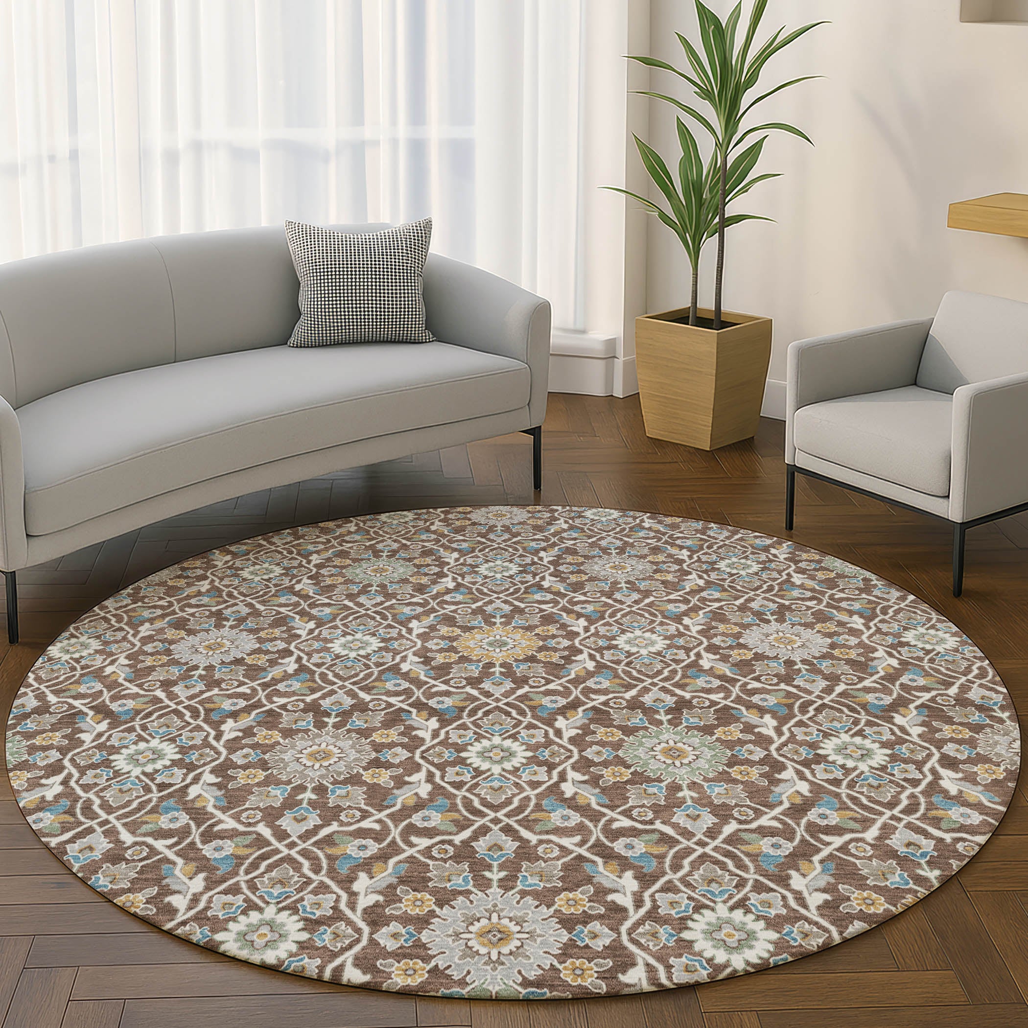 Zanzibar Machine Washable Transitional Chocolate Brown Rug 8' x 8' #shape_Round