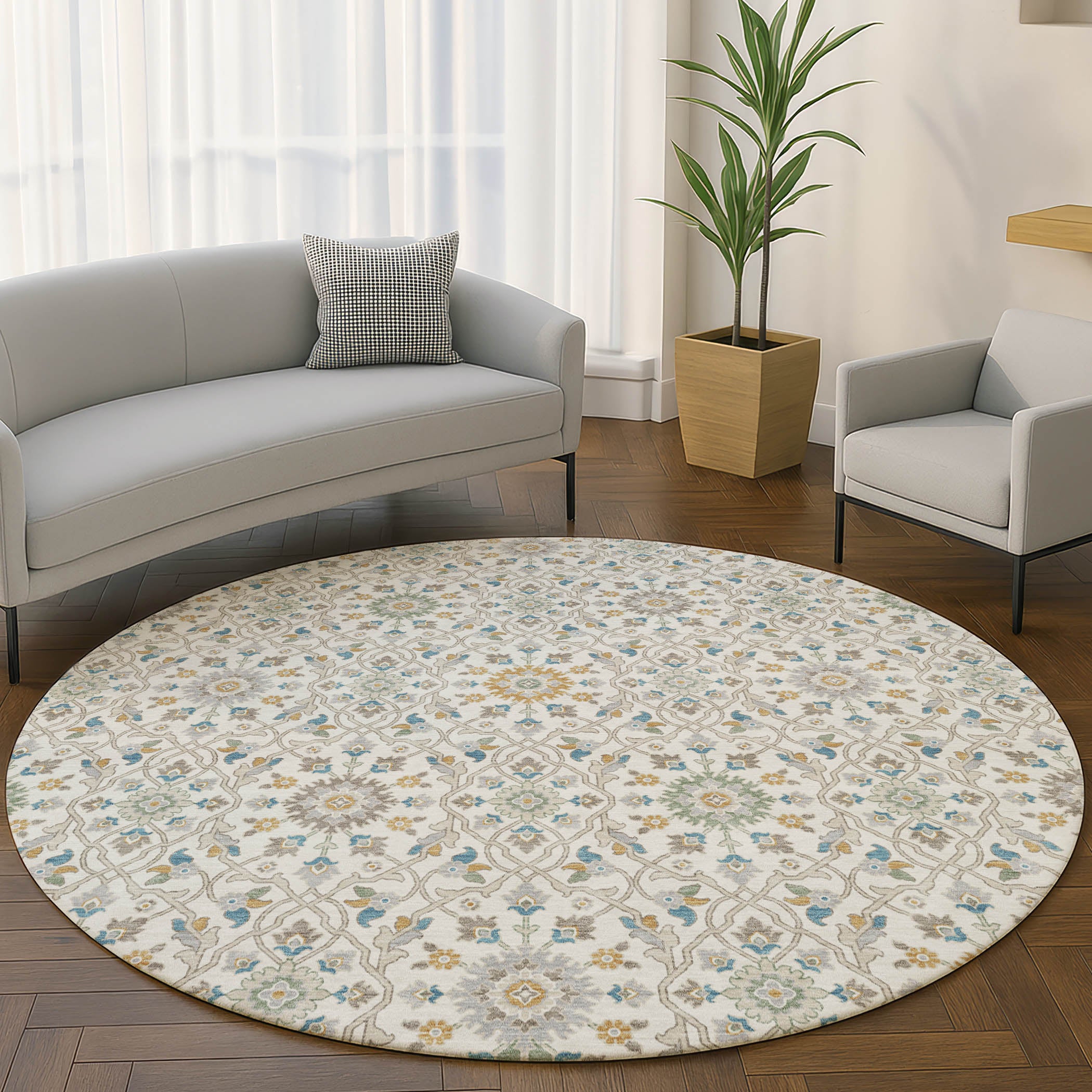 Zanzibar Machine Washable Transitional Ivory Rug 8' x 8' #shape_Round