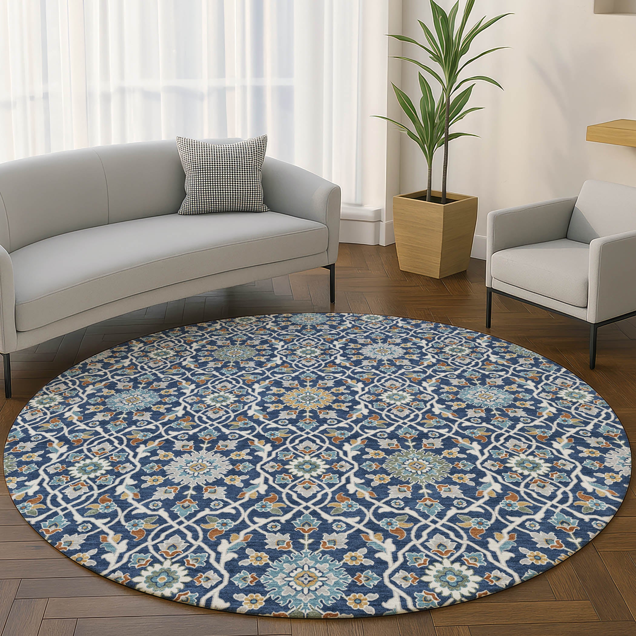 Zanzibar Machine Washable Transitional Navy Blue Rug 8' x 8' #shape_Round