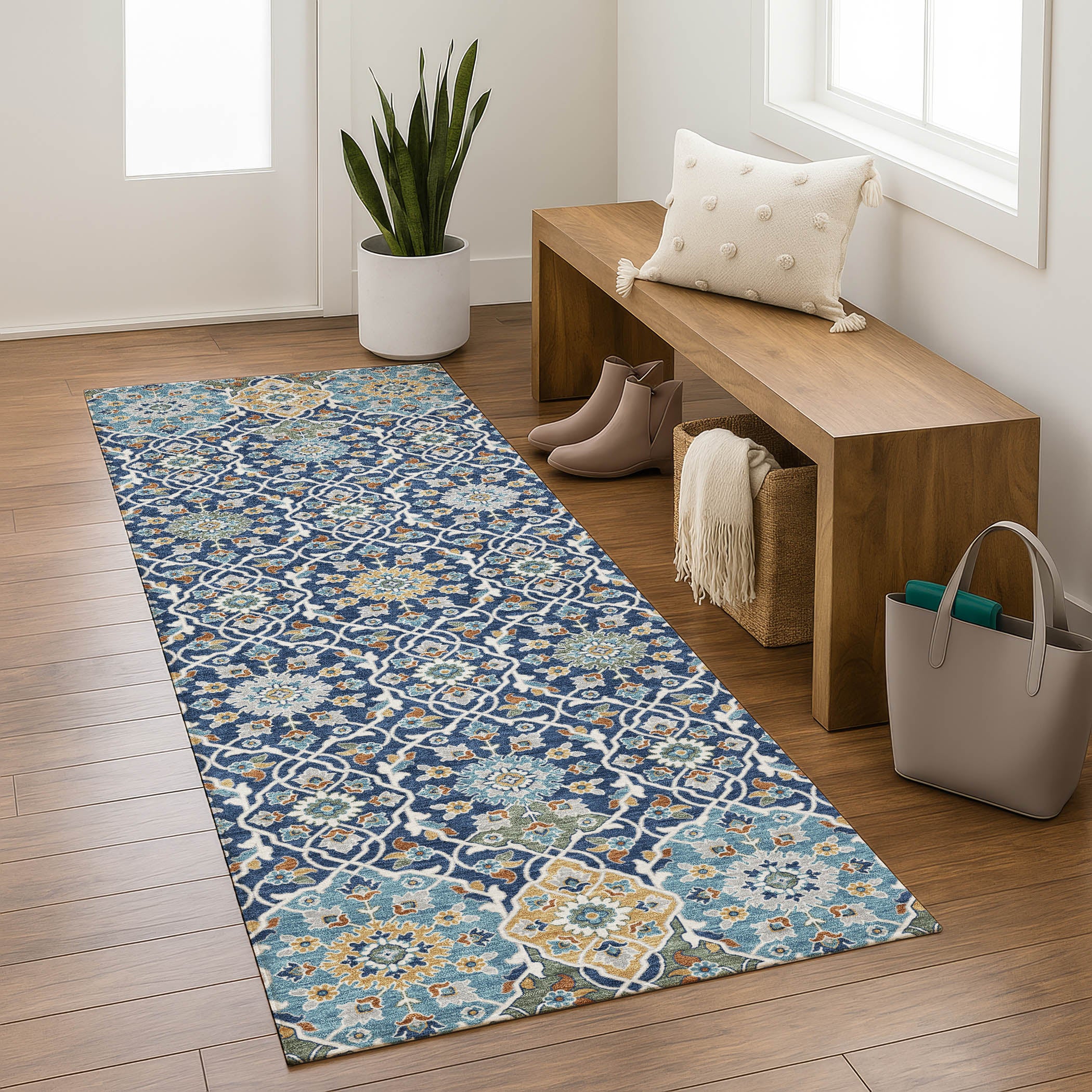 Zanzibar Machine Washable Transitional Navy Blue Rug 2'3" x 7'6" #shape_Runner