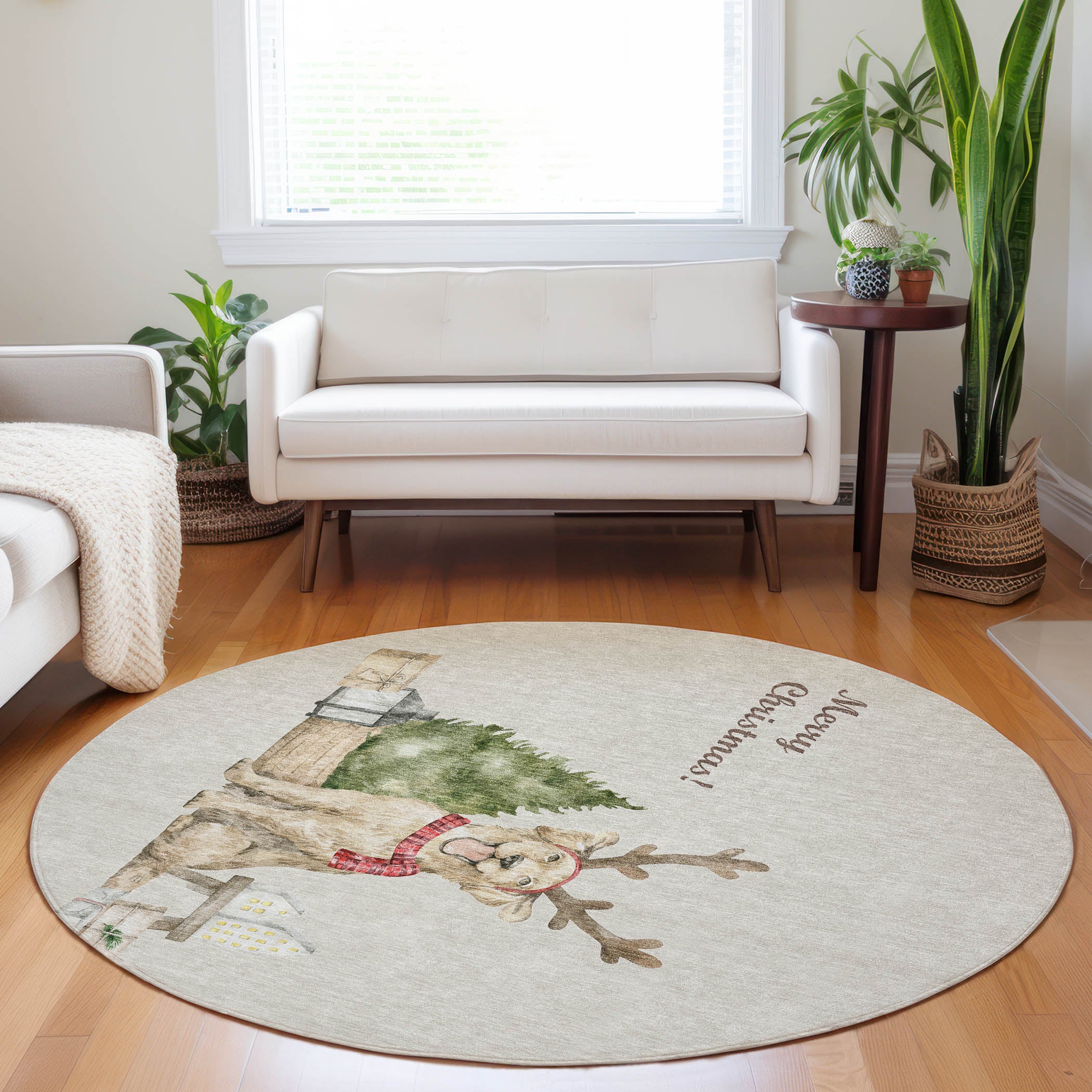 Mdina Machine Washable Holiday Taupe Beige Rug 8' x 8' #shape_Round