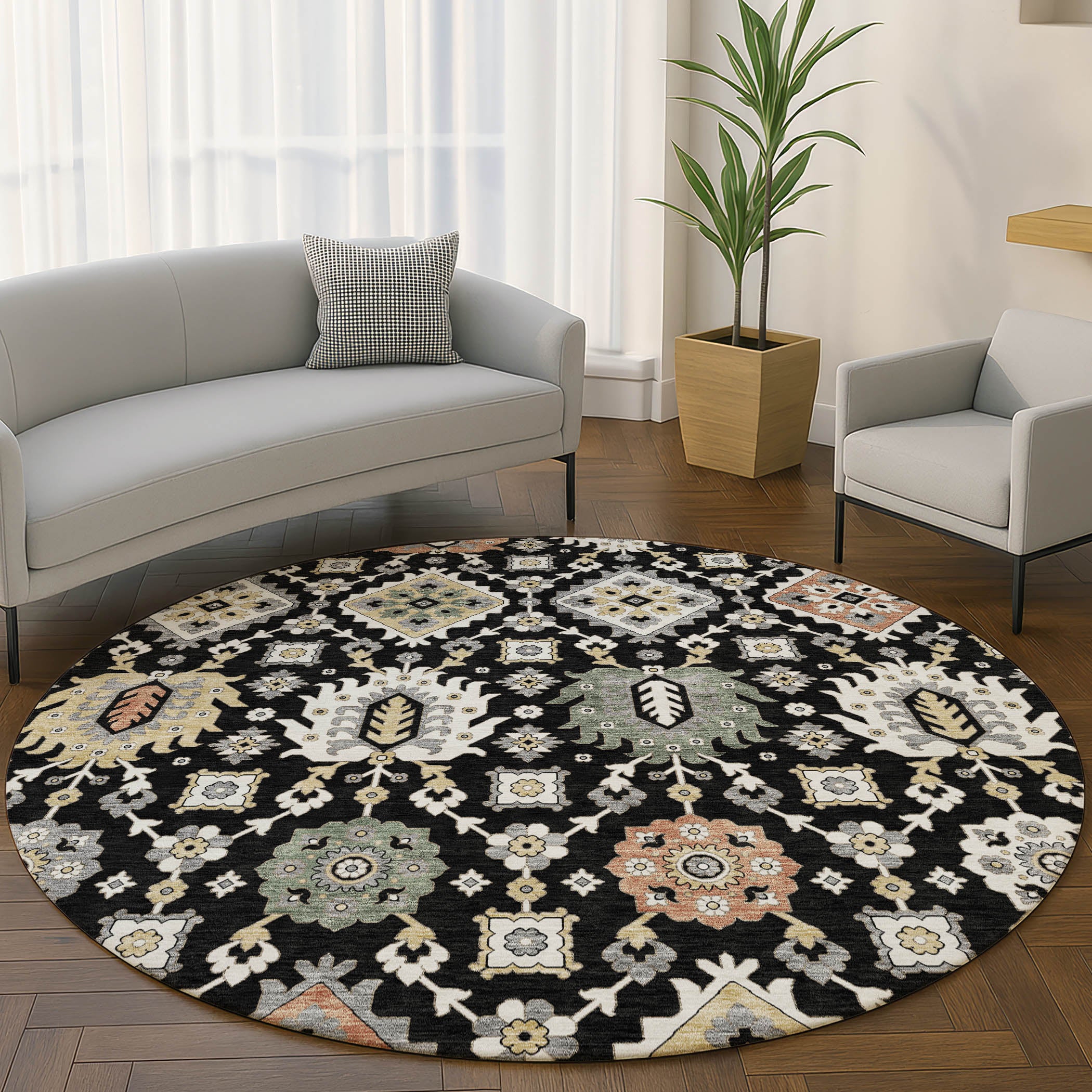 Bern Machine Washable Transitional Black Rug 8' x 8' #shape_Round