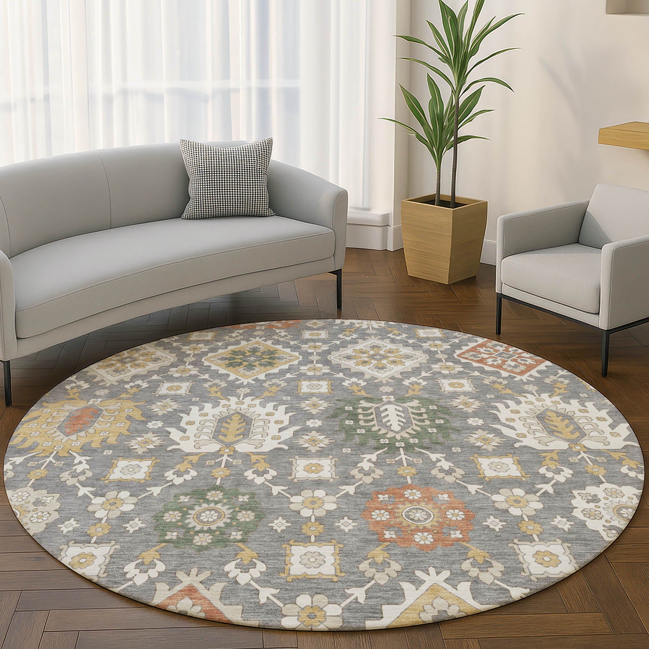 Bern Machine Washable Transitional Gray Rug 8' x 8' #shape_Round