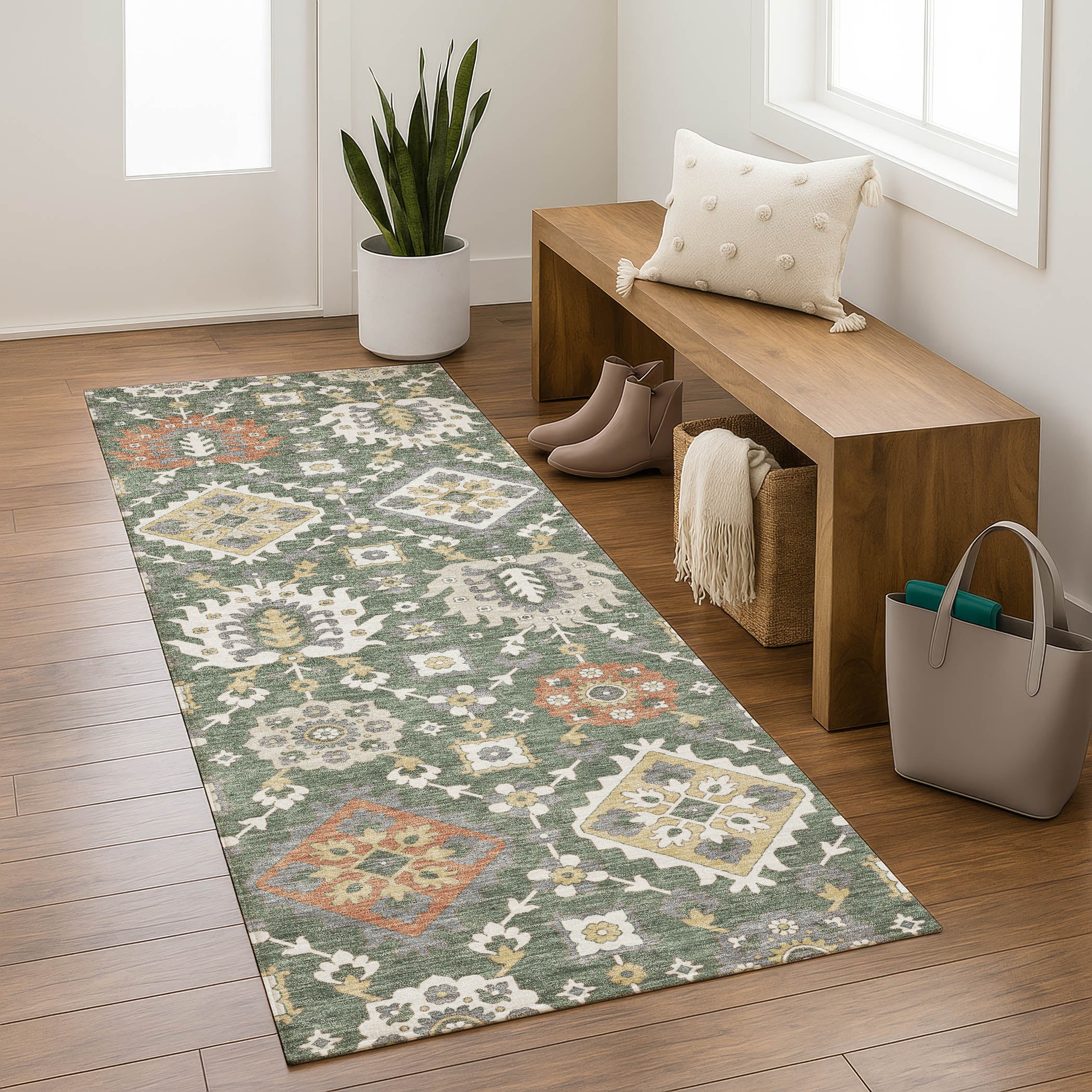 Bern Machine Washable Transitional Green Rug 2'3" x 7'6" #shape_Runner