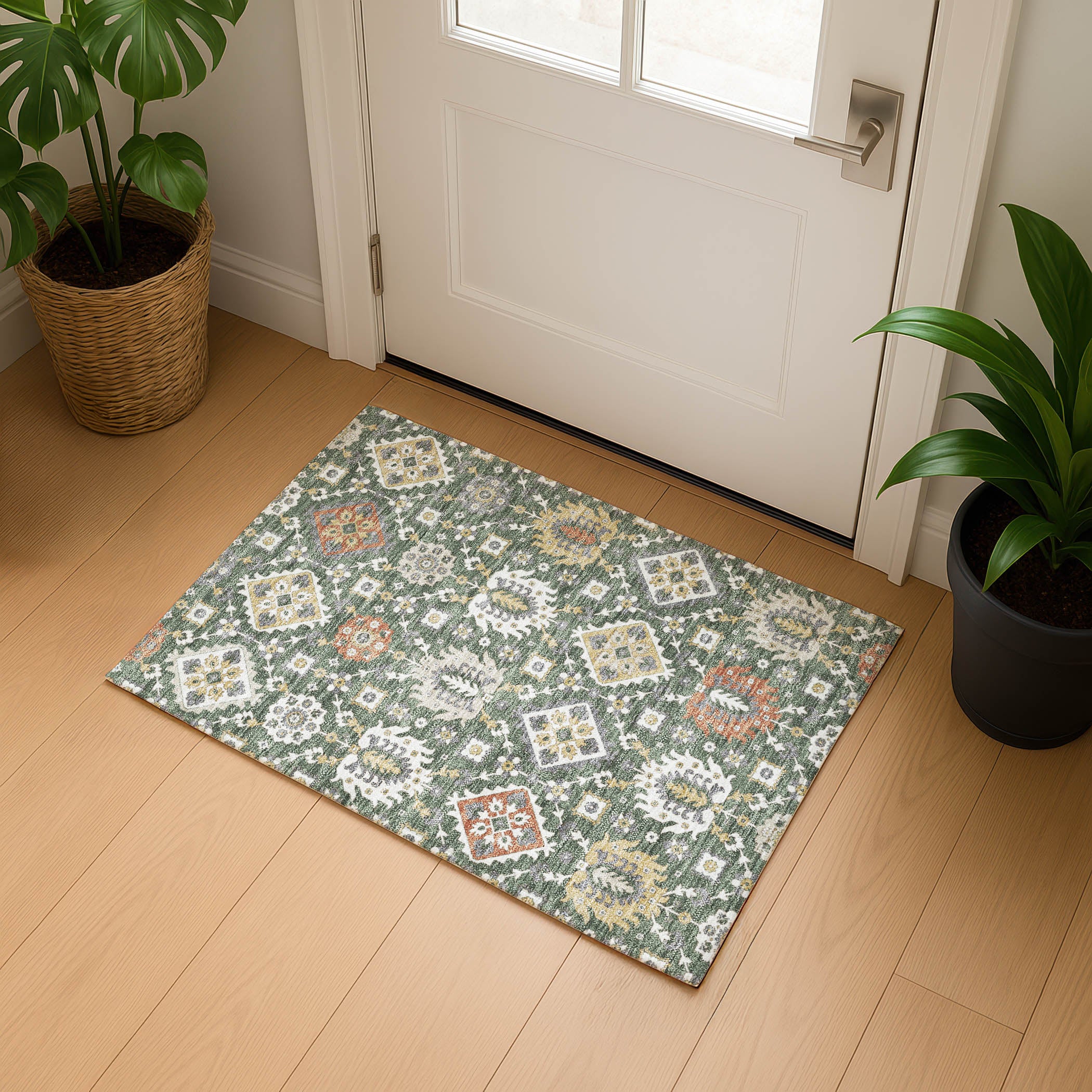 Bern Machine Washable Transitional Green Rug 1'8" x 2'6" #shape_Rectangle