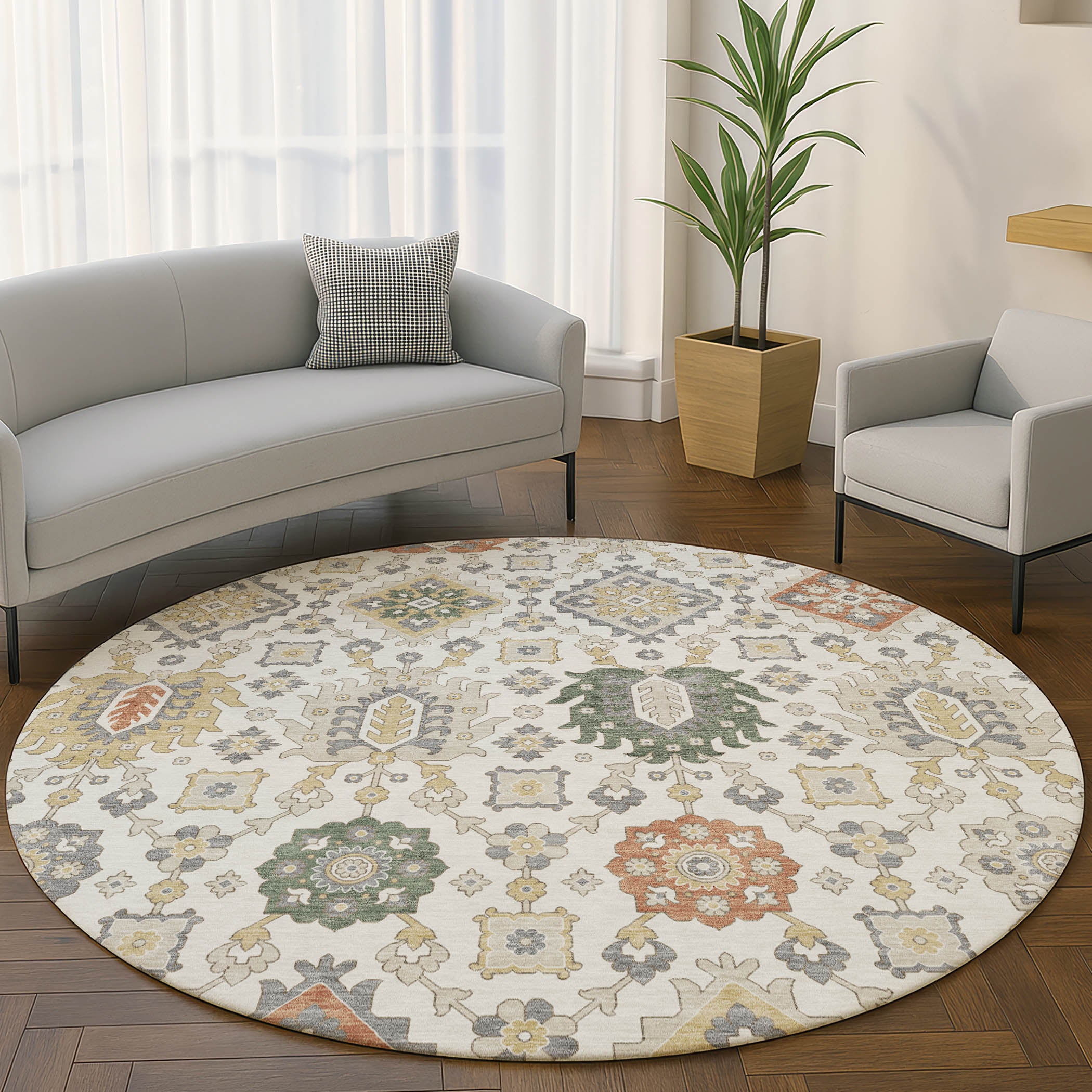 Bern Machine Washable Transitional Ivory Rug 8' x 8' #shape_Round