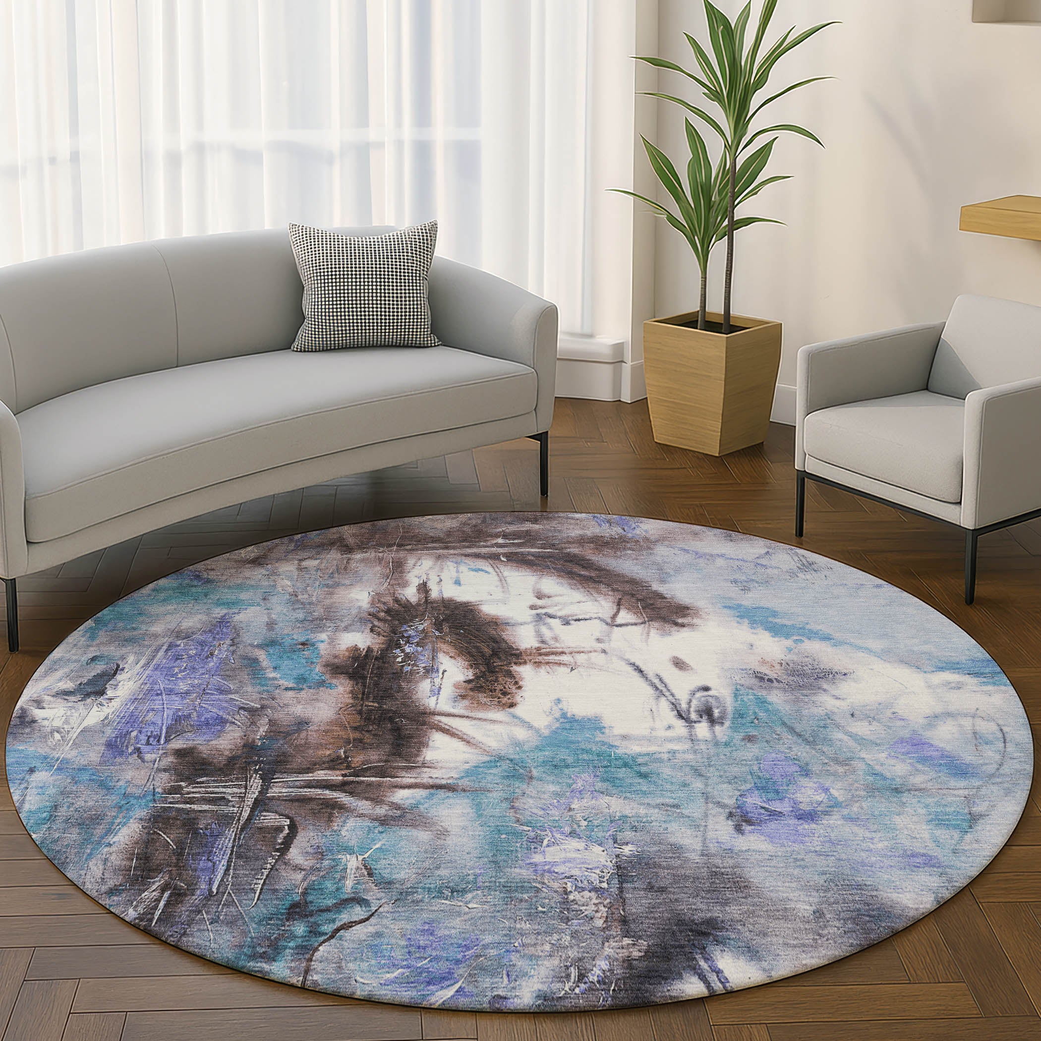 Antigua Machine Washable Transitional Lavender Purple Rug 8' x 8' #shape_Round