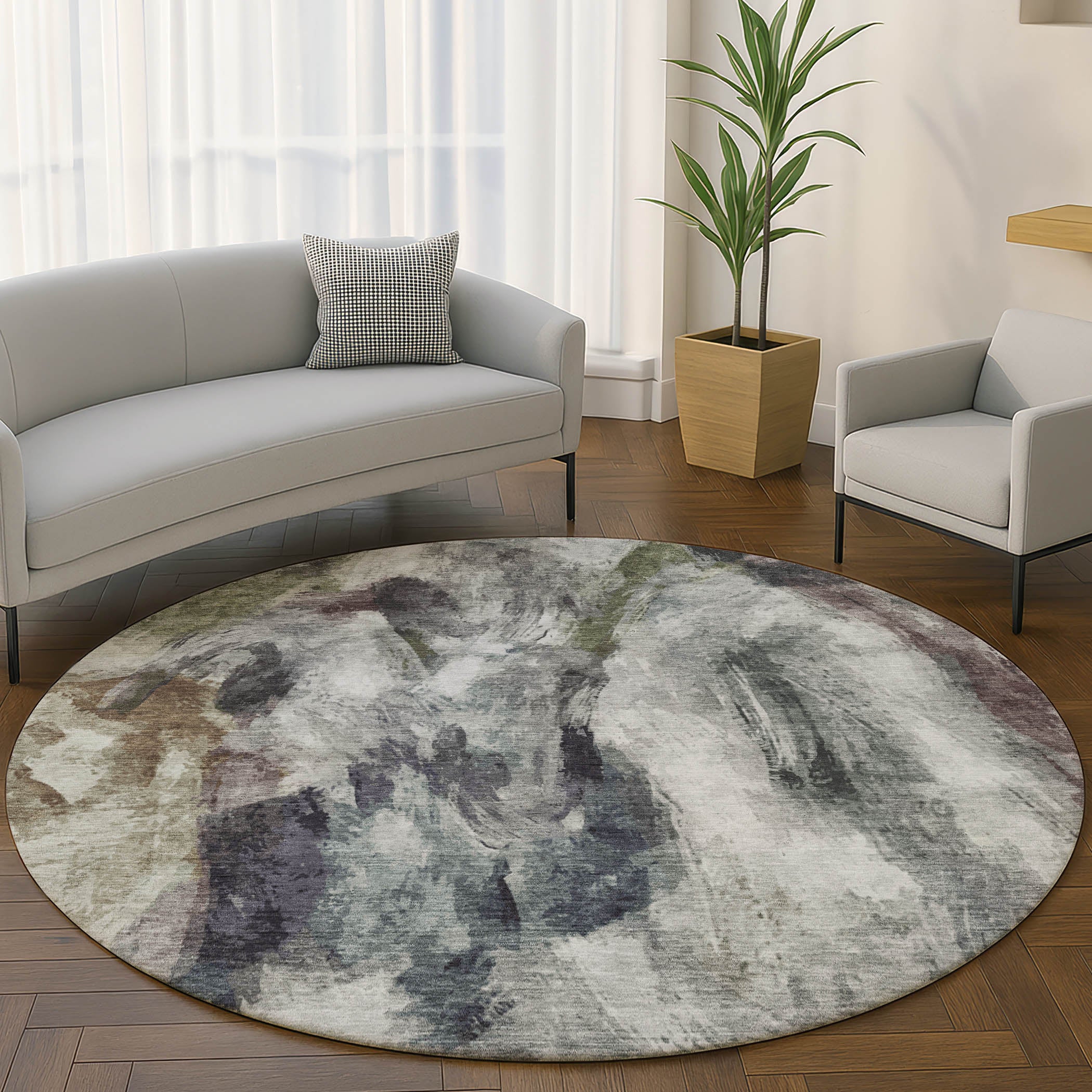 Oslo Machine Washable Transitional Gray Rug 8' x 8' #shape_Round