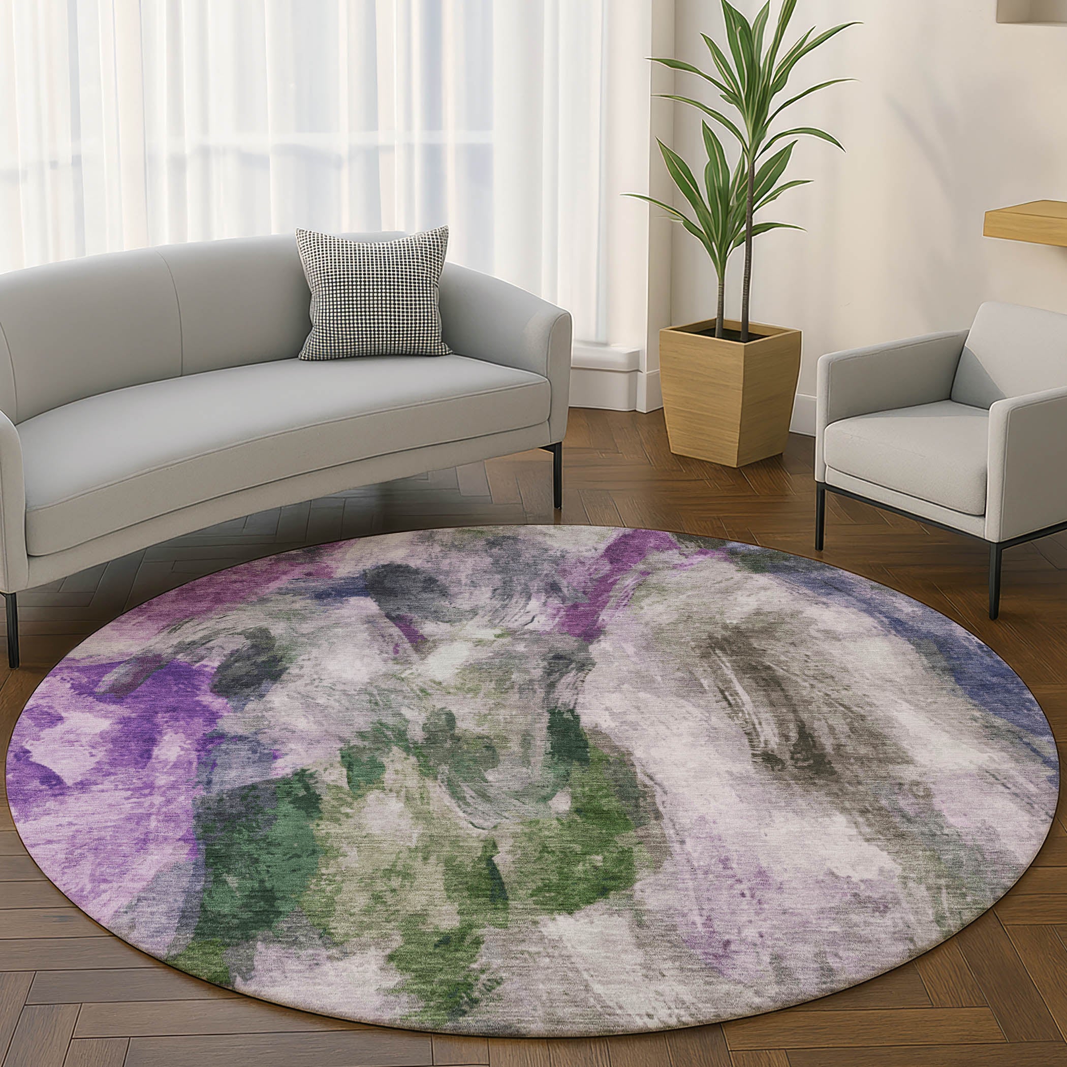 Oslo Machine Washable Transitional Lavender Purple Rug 8' x 8' #shape_Round