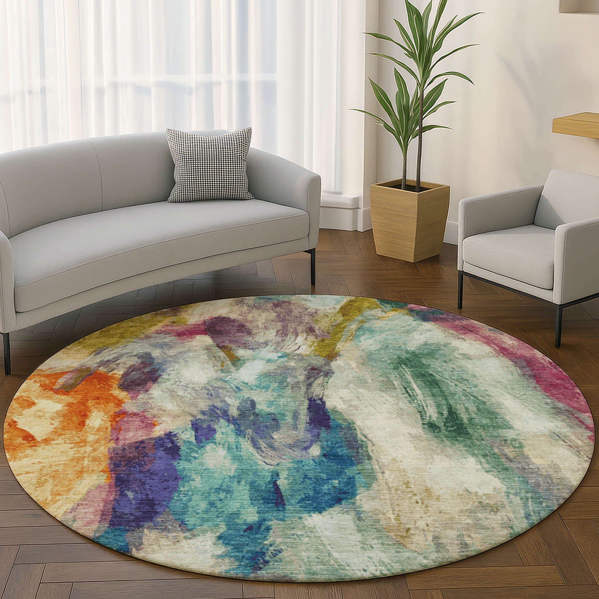Oslo Machine Washable Transitional Sage Green Rug 8' x 8' #shape_Round